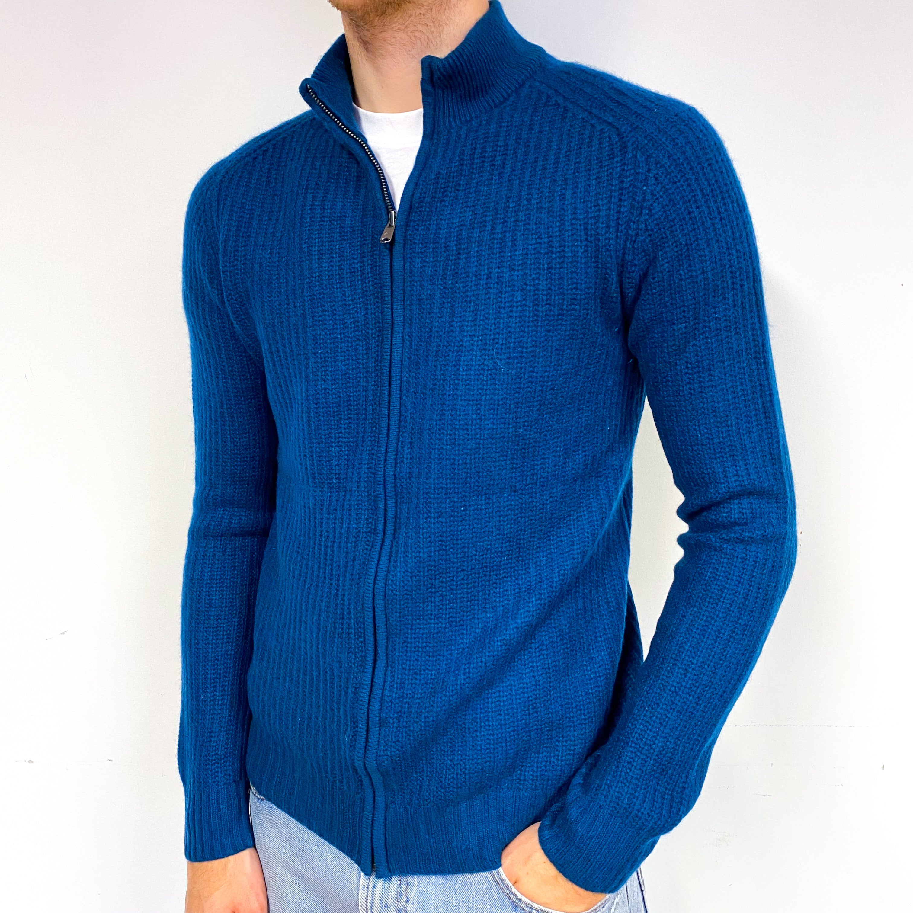 Men's Teal Blue Rib Cashmere Zip Up Cardigan Large