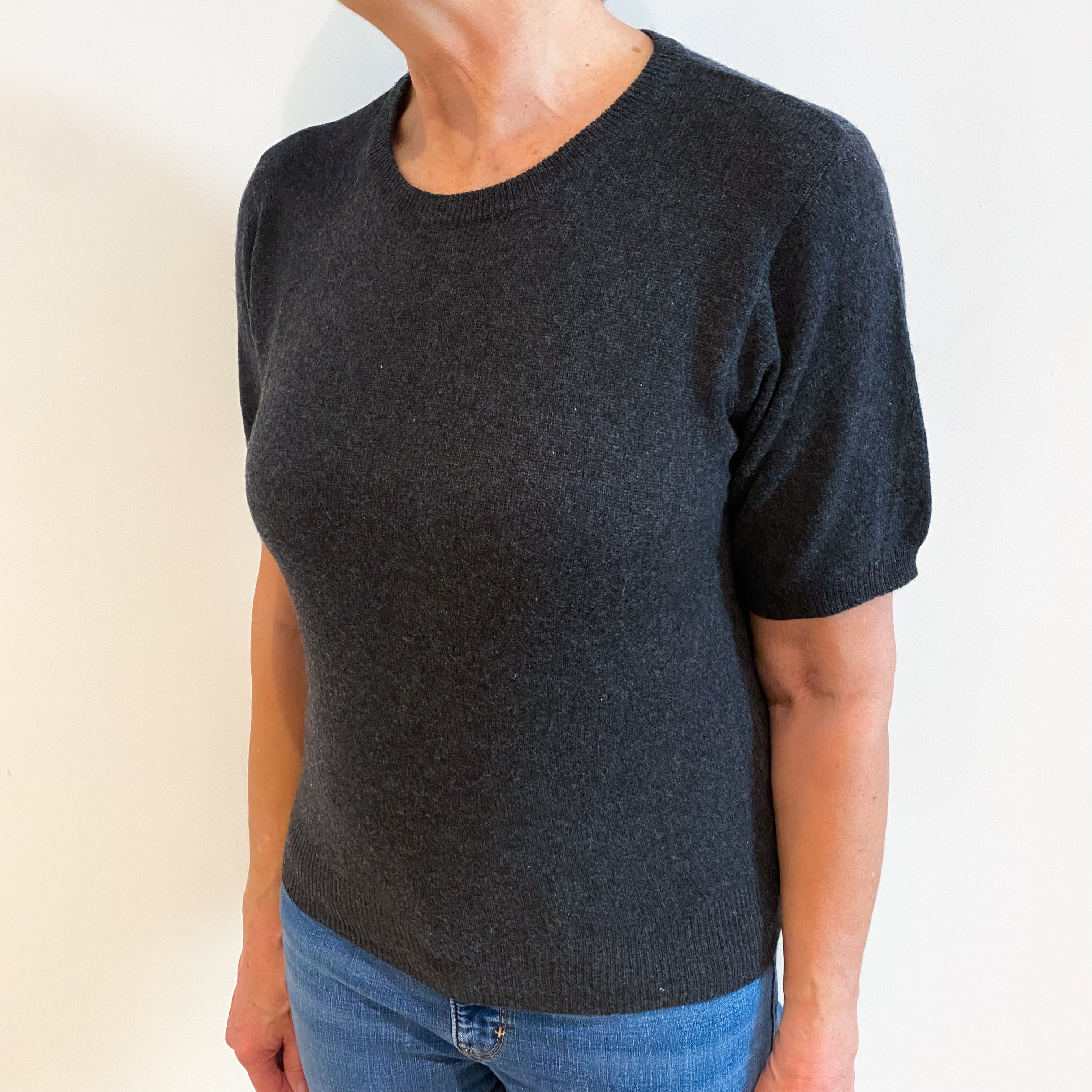 Charcoal Grey Cashmere Crew Neck Short Sleeved Jumper Medium