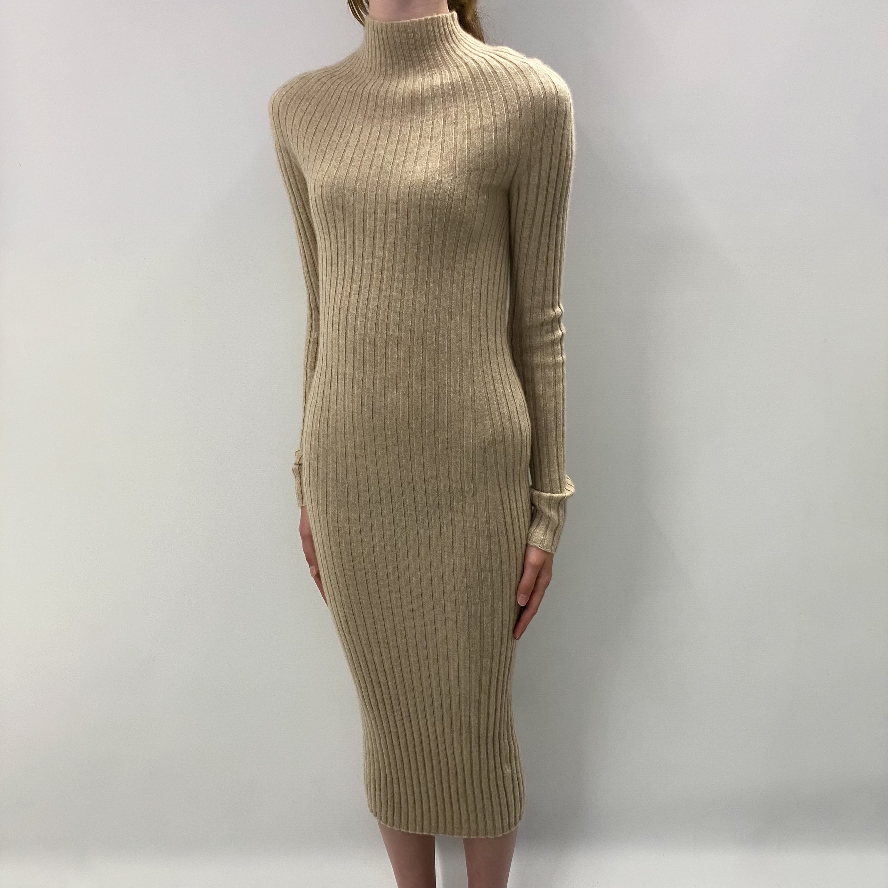 Sand Beige Cashmere Turtle Neck Dress Extra Small