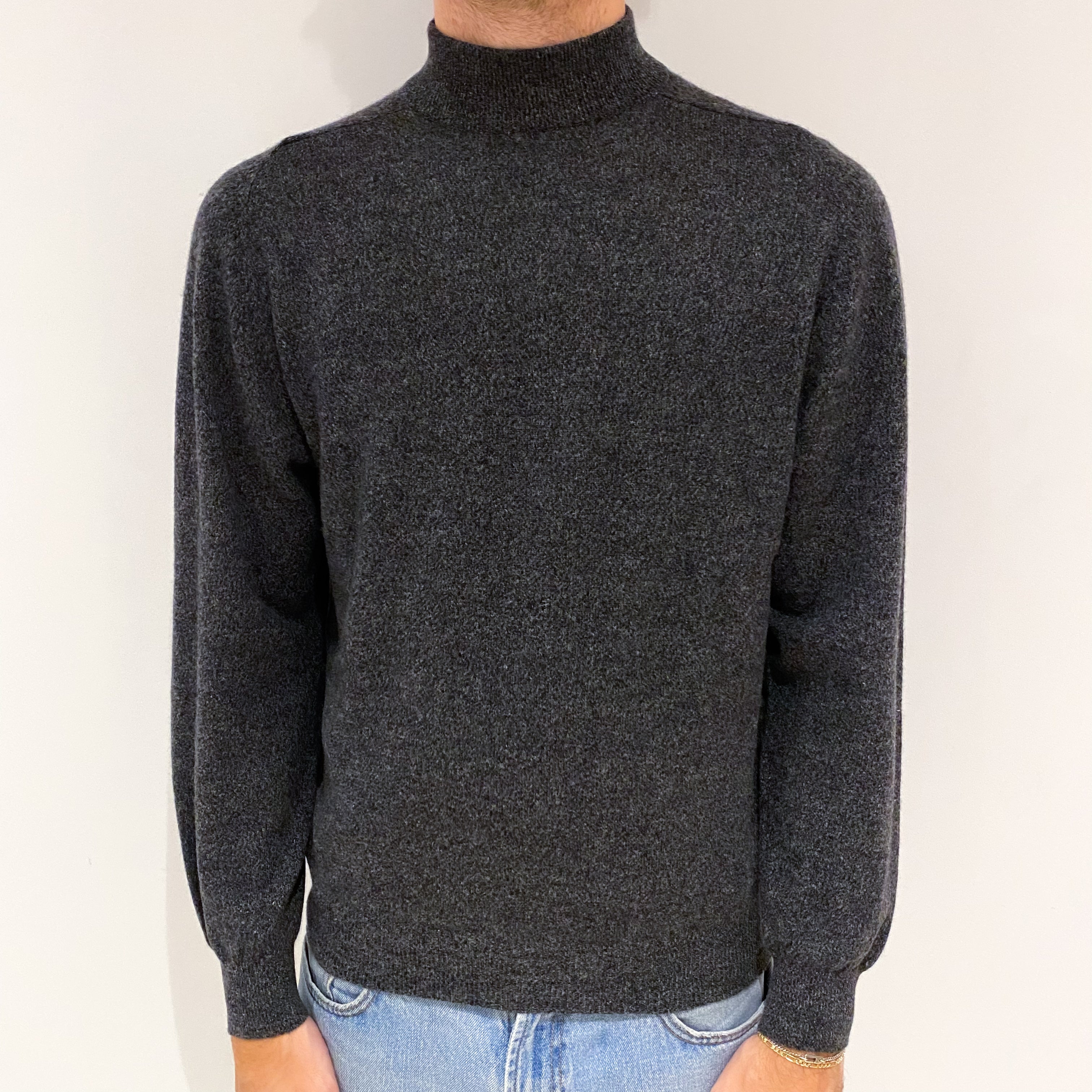 Men's Grey Marl Cashmere Turtle Neck Jumper Large