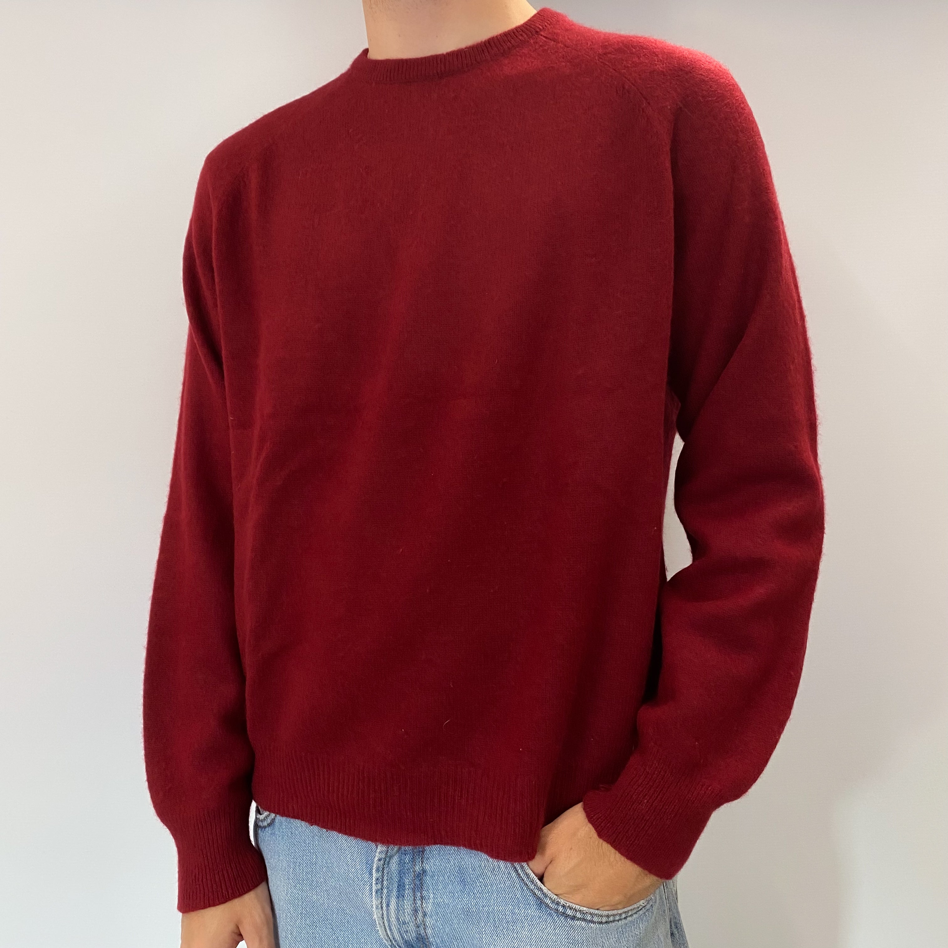 Men's Burgundy Red Cashmere Crew Neck Jumper Large
