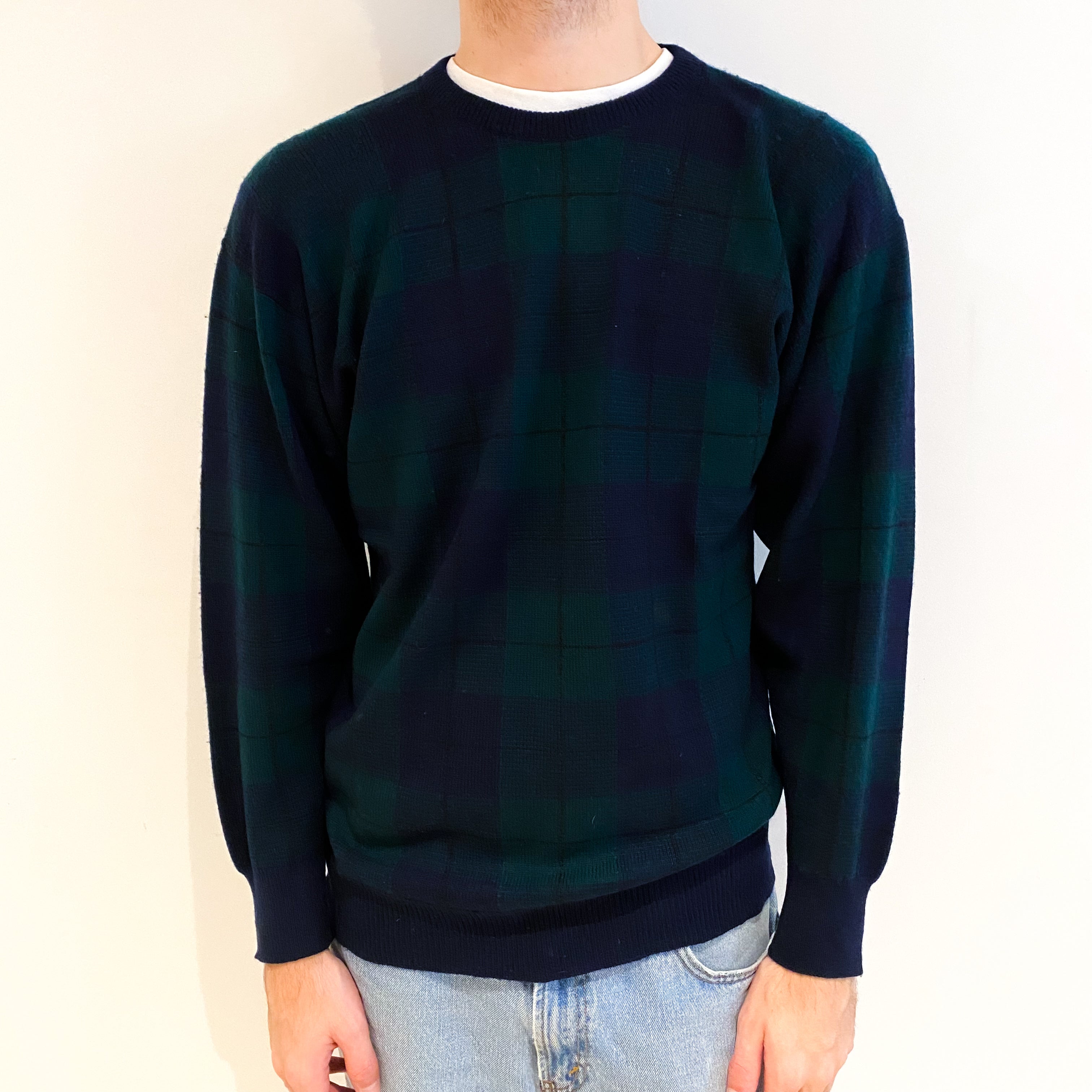 Men's Navy Green Checked Cashmere Crew Neck Jumper Large