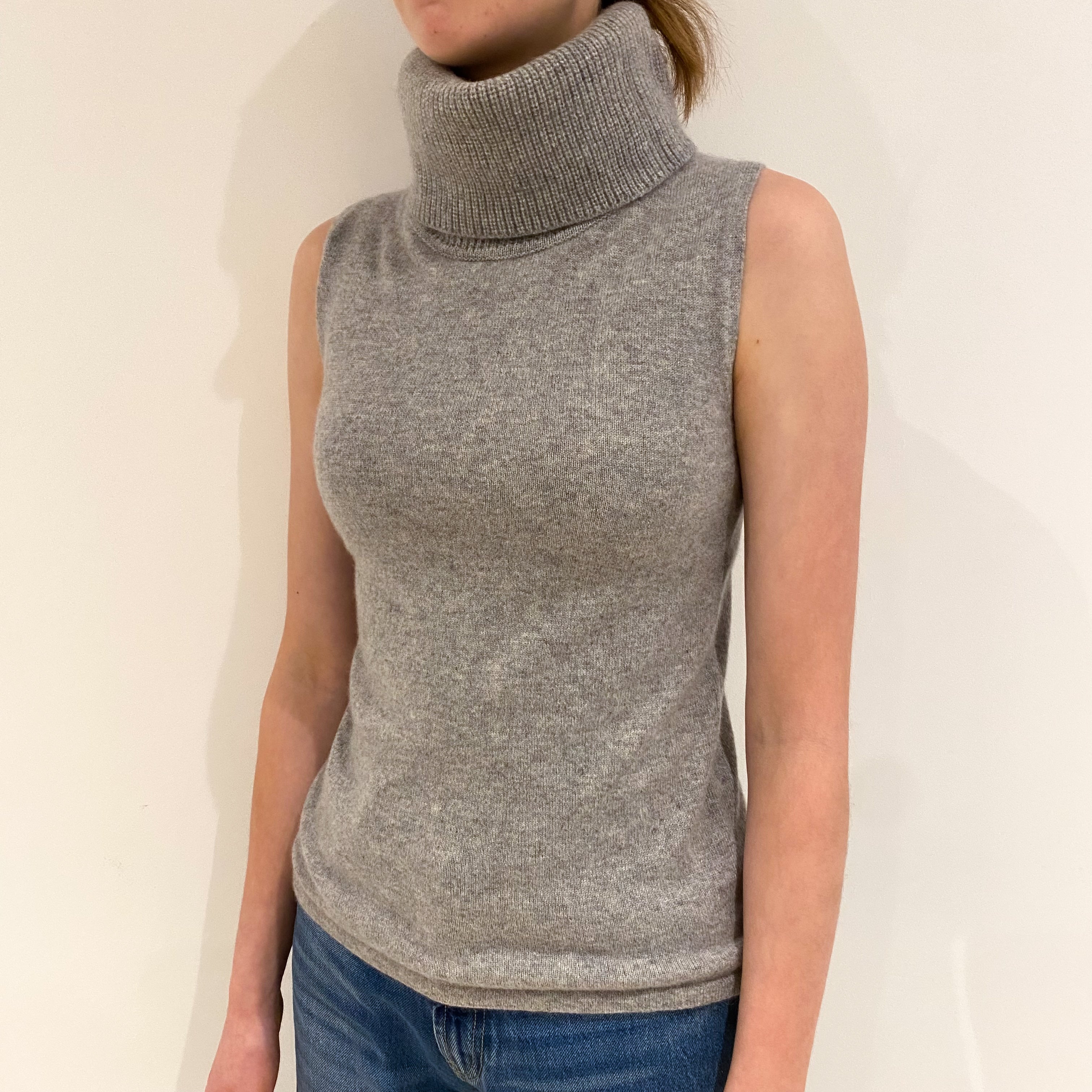 Smoke Grey Cashmere Sleeveless Polo Neck Jumper Extra Small