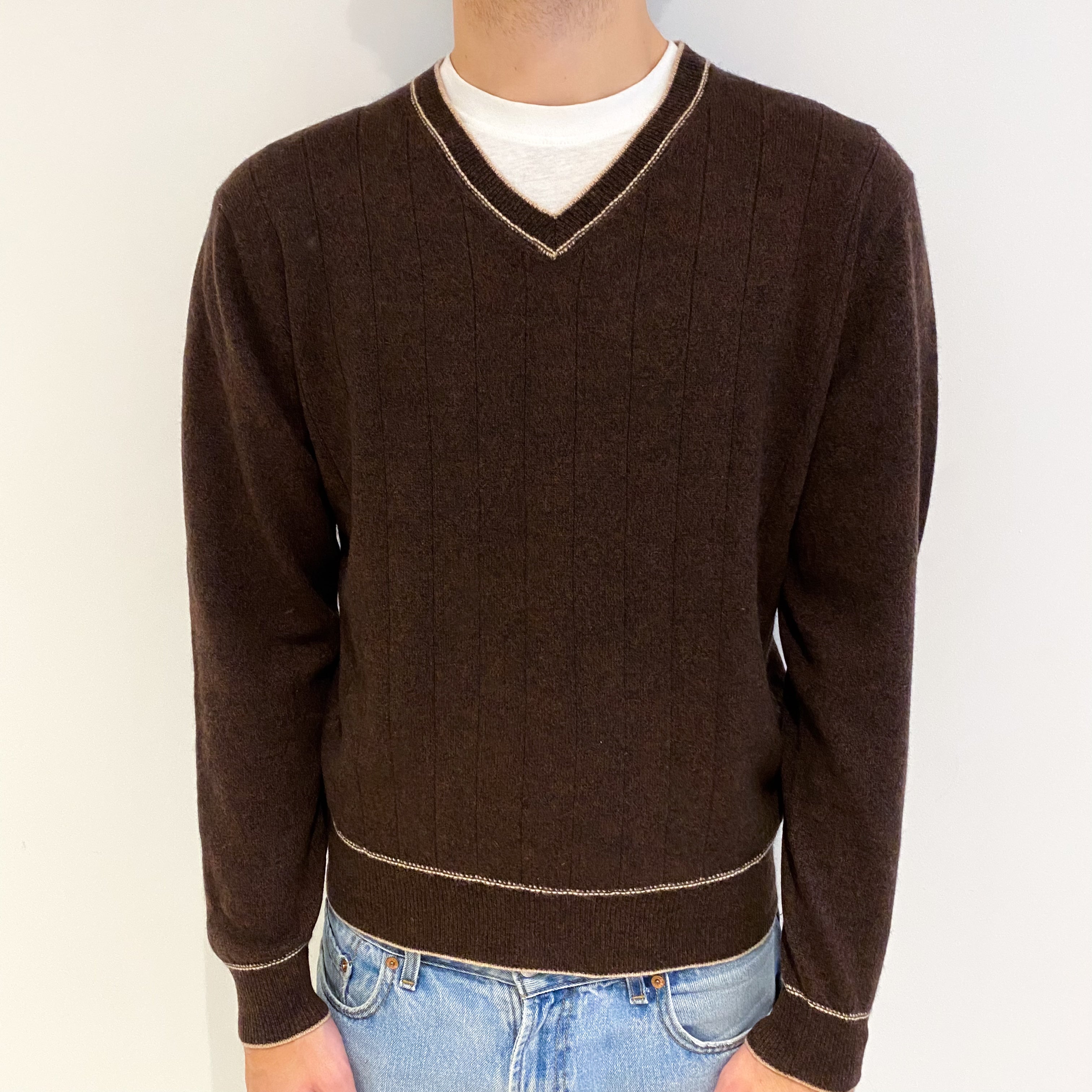 Men's Chocolate Brown Cashmere V Neck Jumper Large