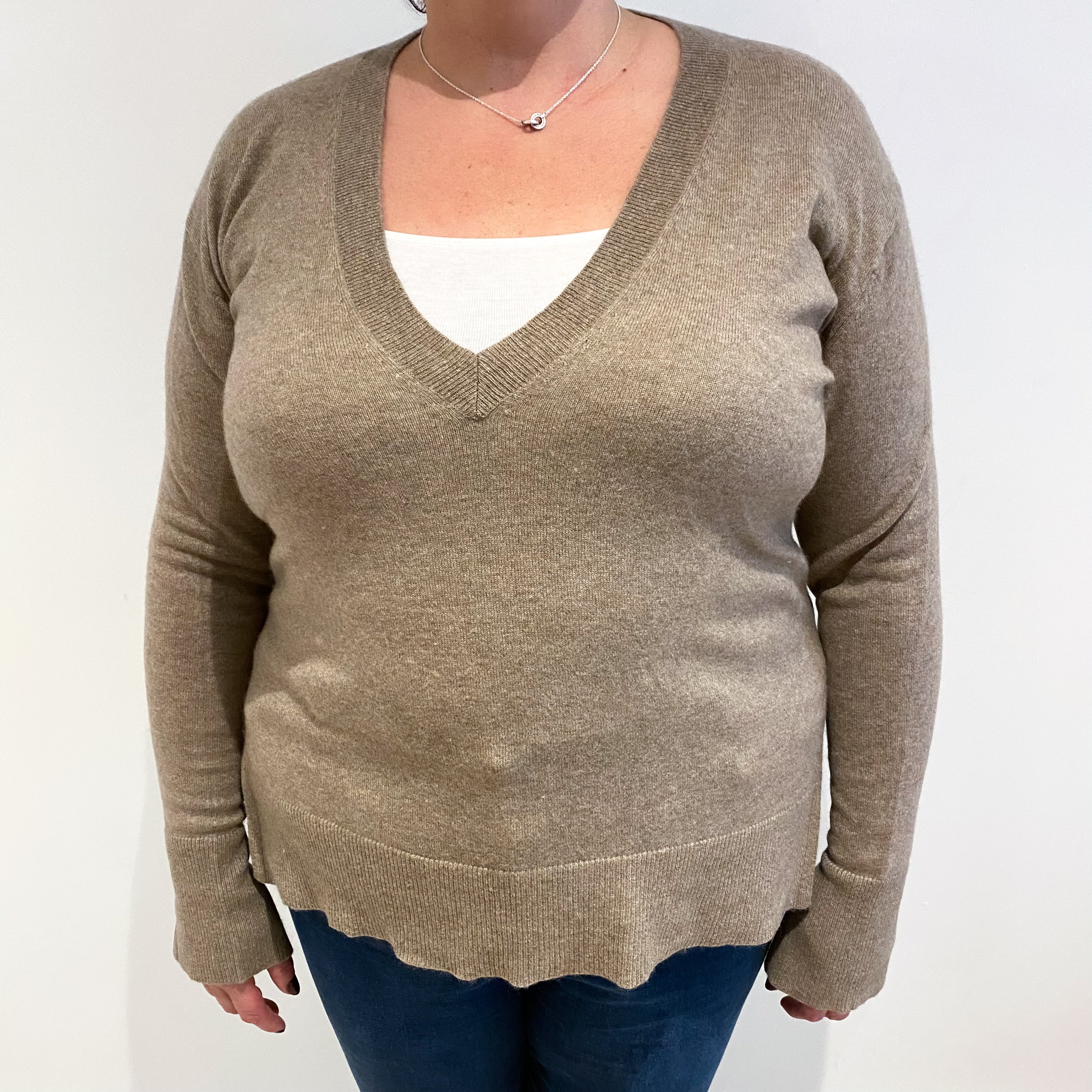 Taupe Brown Cashmere V Neck Jumper Extra Large