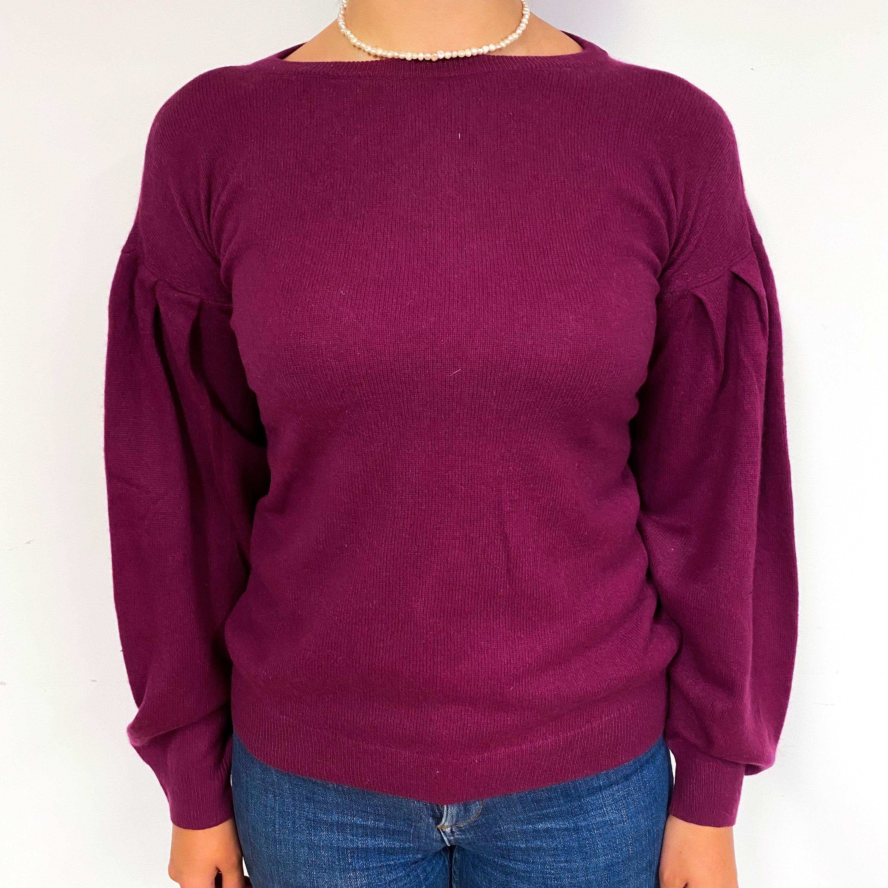 Plum Pink Balloon Sleeve Cashmere Crew Neck Jumper Small