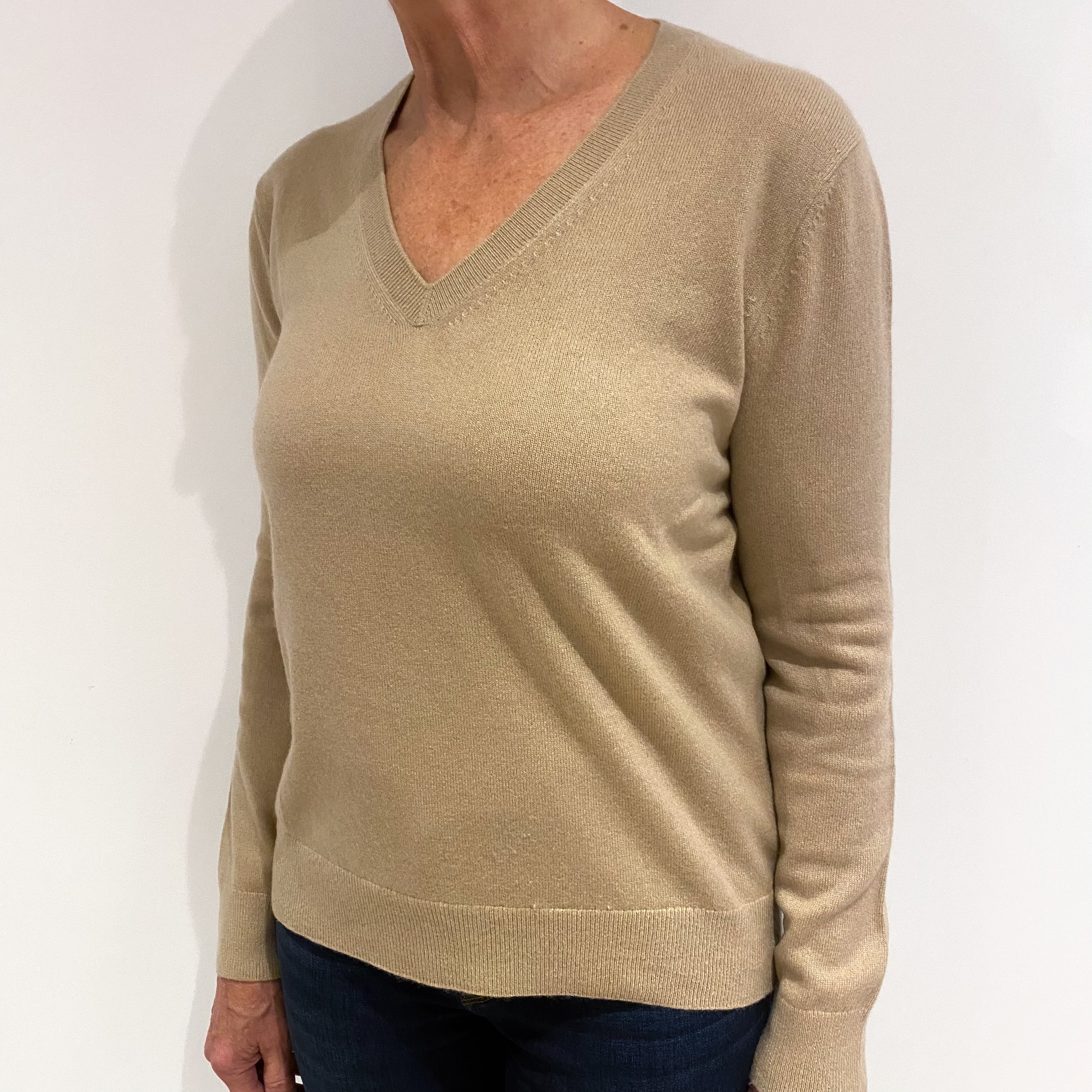Vince Fawn Brown Cashmere V Neck Jumper Medium