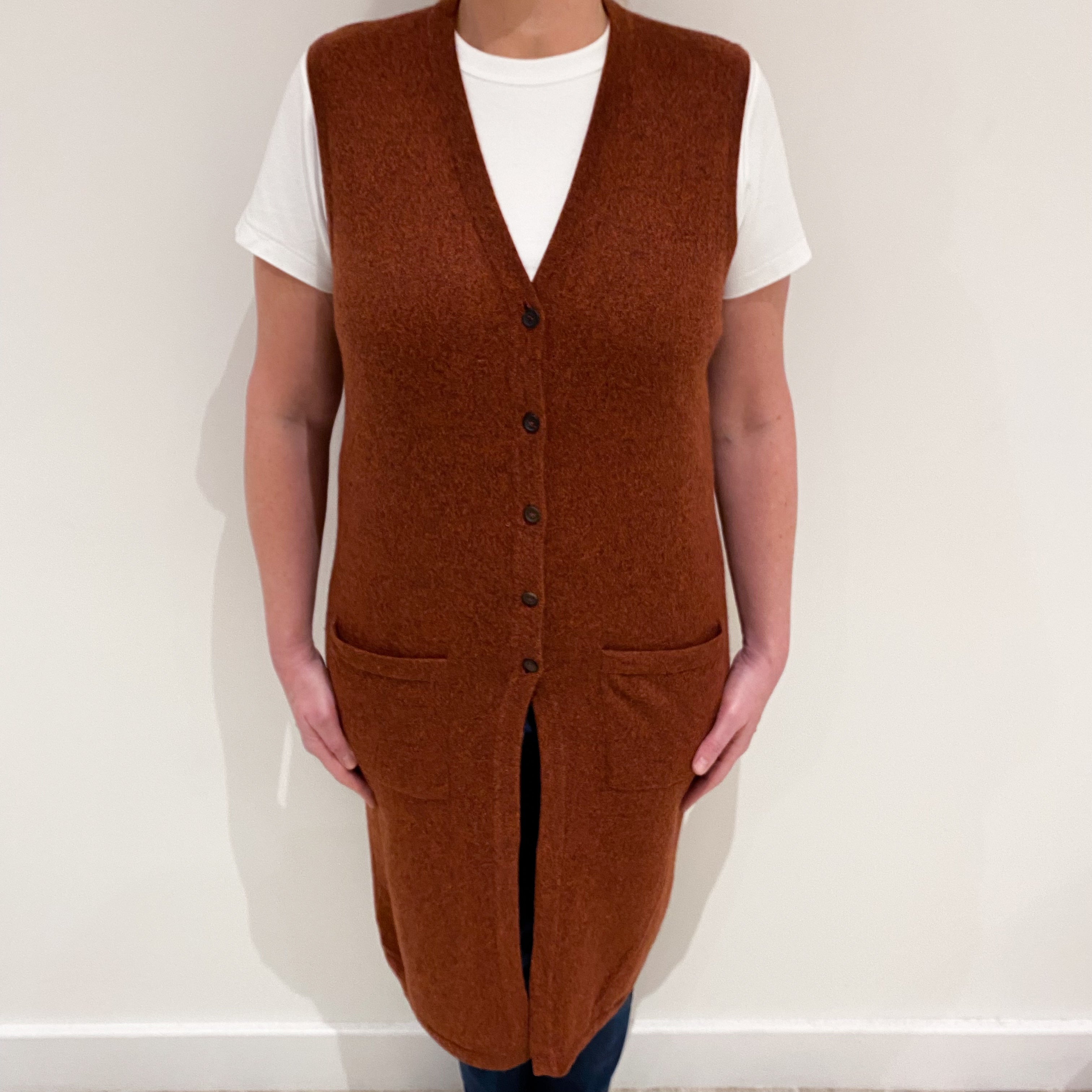 Rust Red Marl Cashmere Longline Sleeveless Cardigan Large