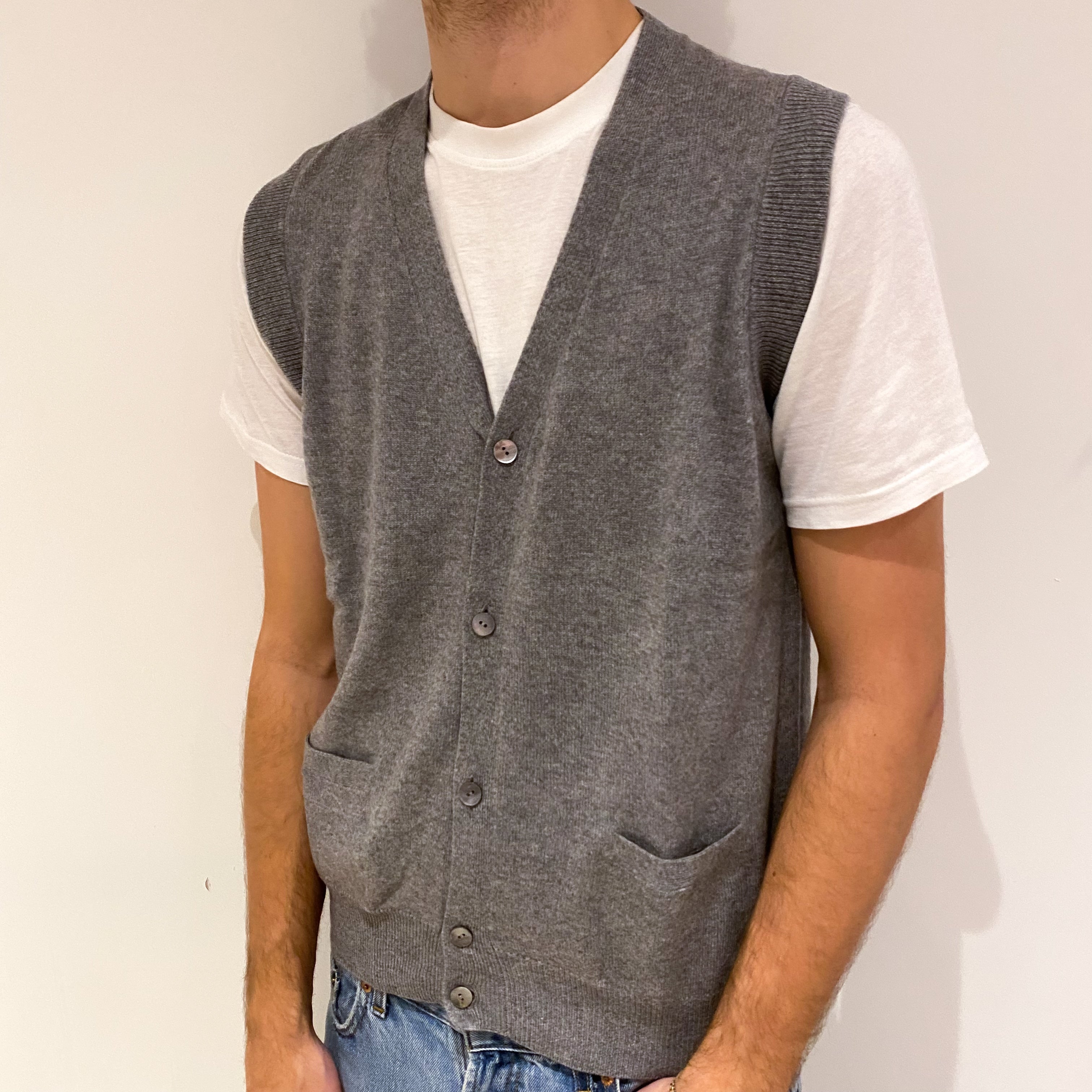 Men's Steel Grey Cashmere V Neck Gilet with Pockets Large