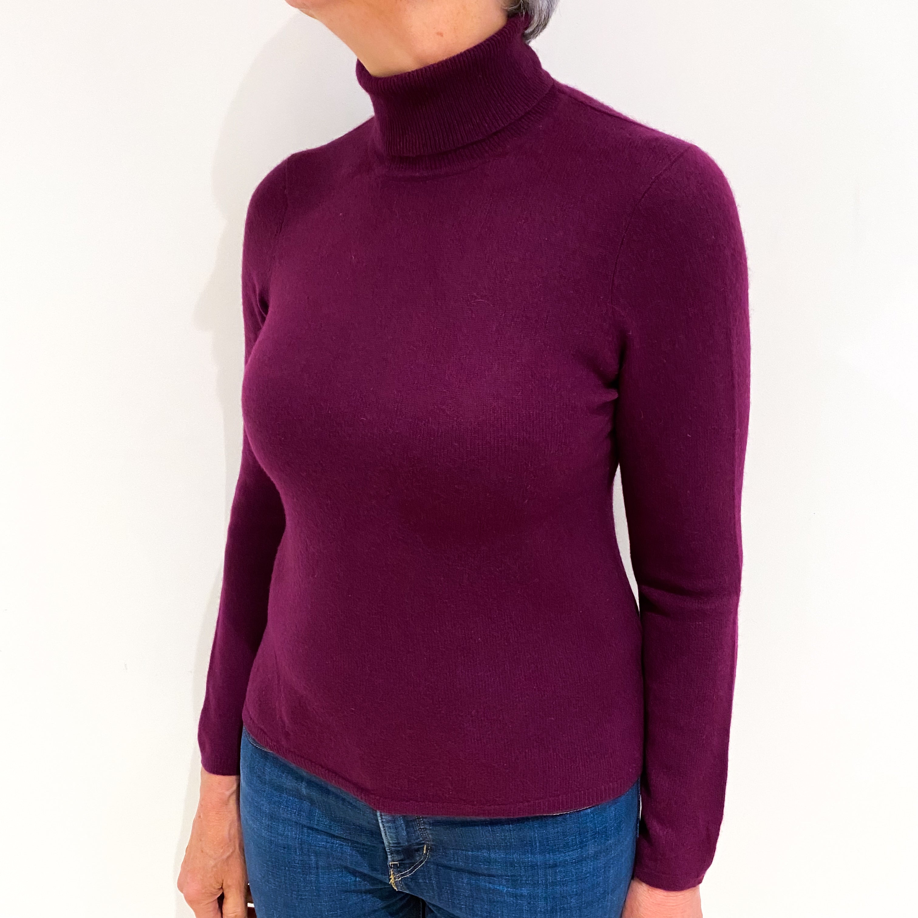 Plum Purple Cashmere Polo Neck Jumper Medium