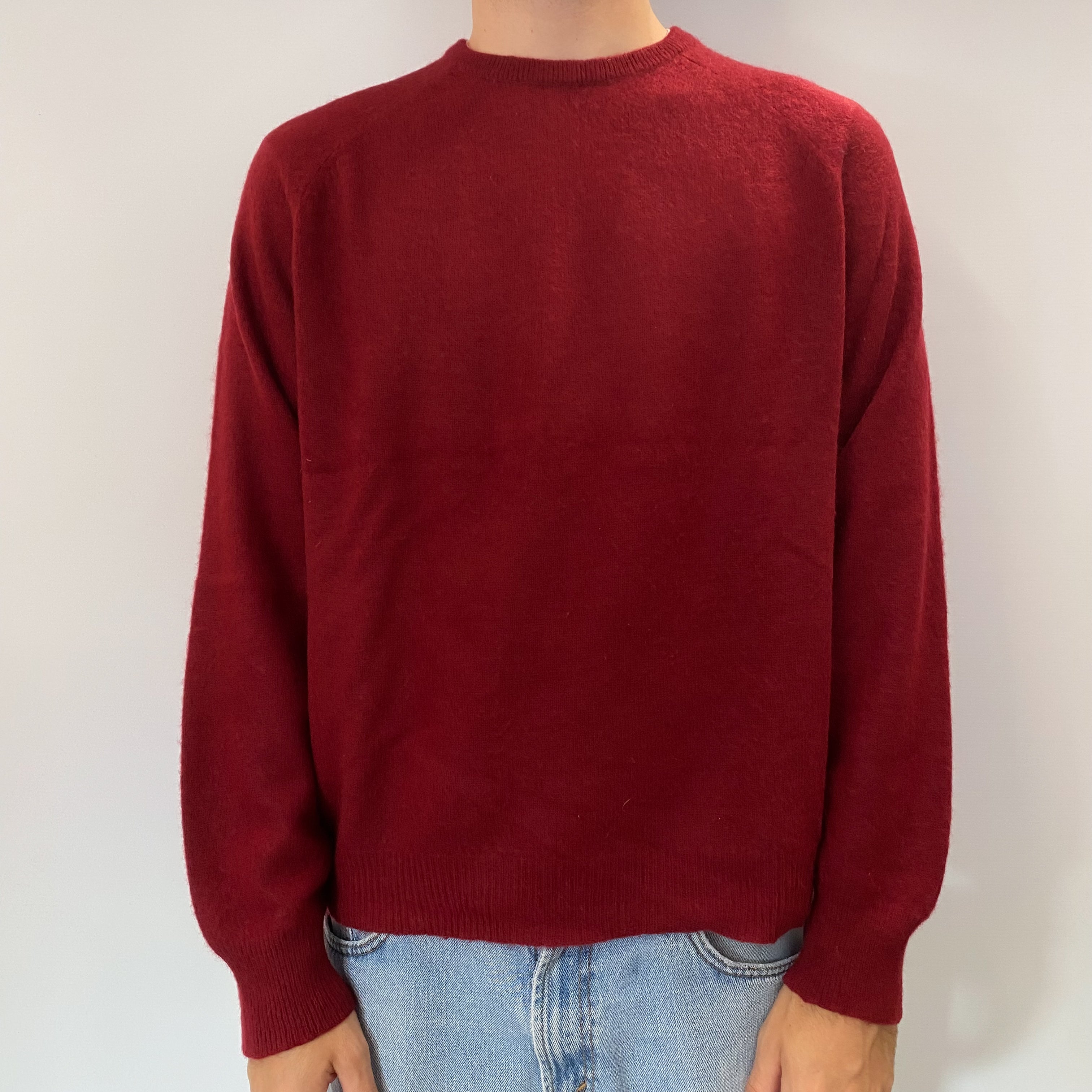 Men's Burgundy Red Cashmere Crew Neck Jumper Large