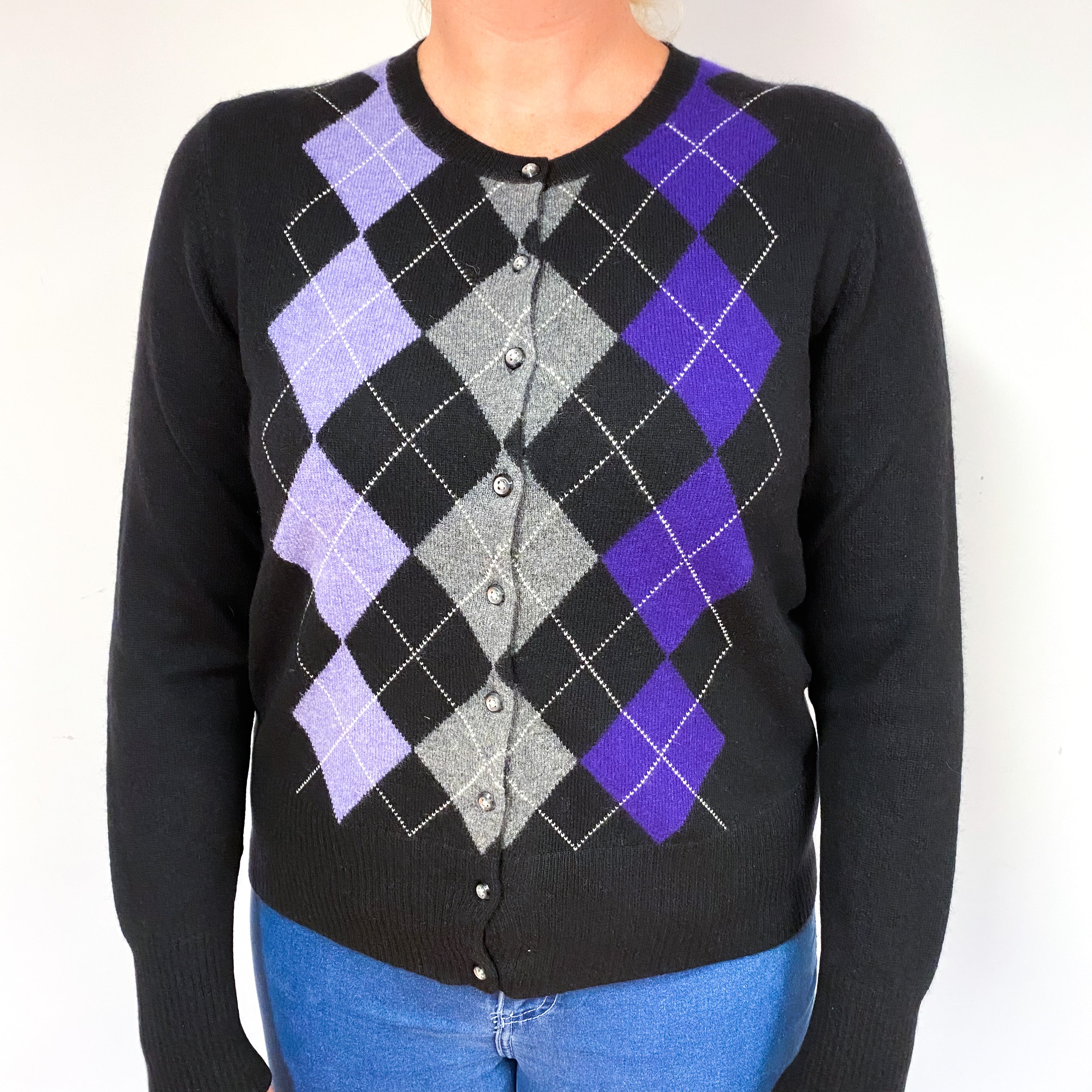 Black Purple Argyle Cashmere Crew Neck Cardigan Large