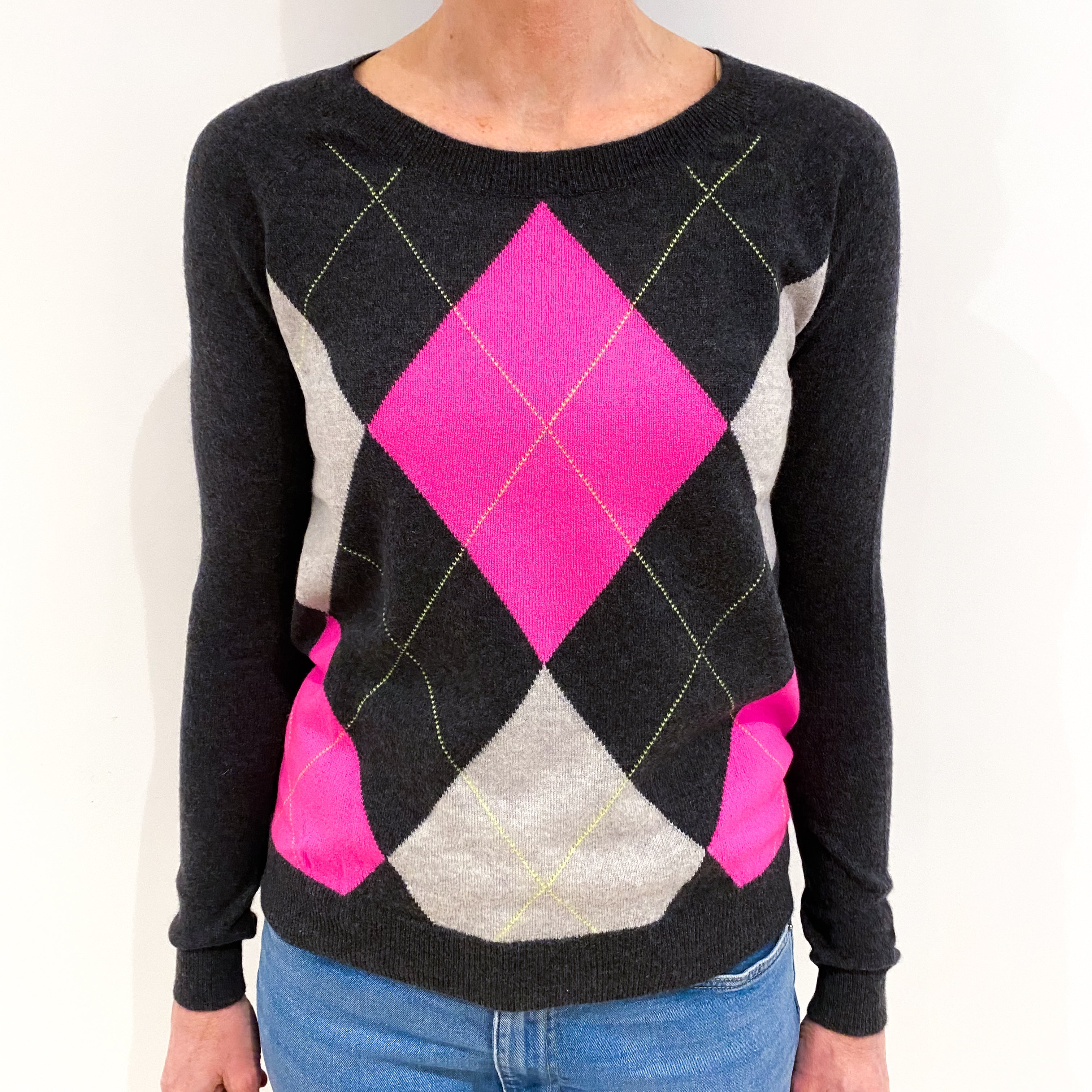 Charcoal Grey With Neon Pink and Grey Argyle Cashmere Crew Neck Jumper Small