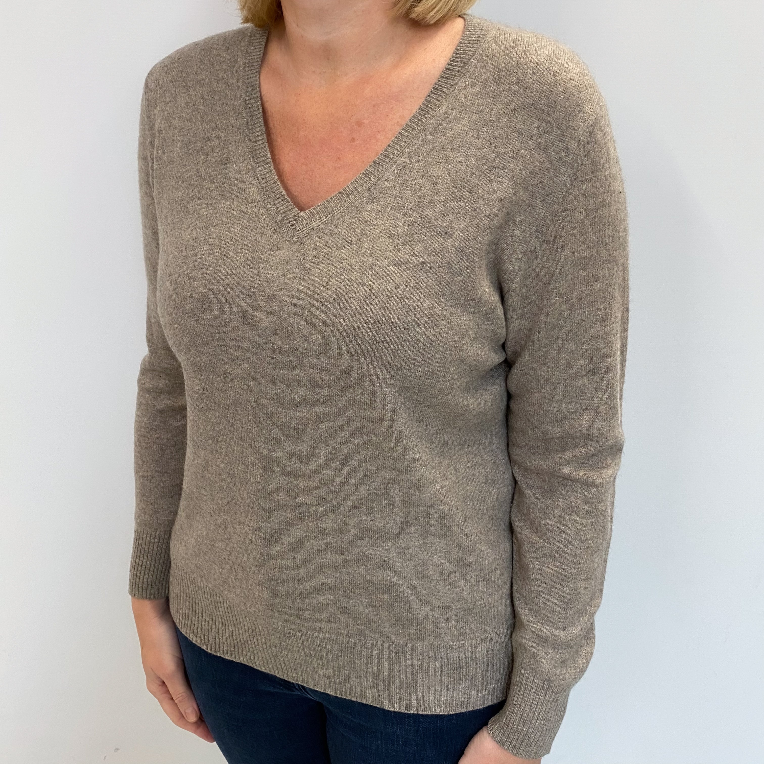 Fawn Brown Cashmere V Neck Jumper Large