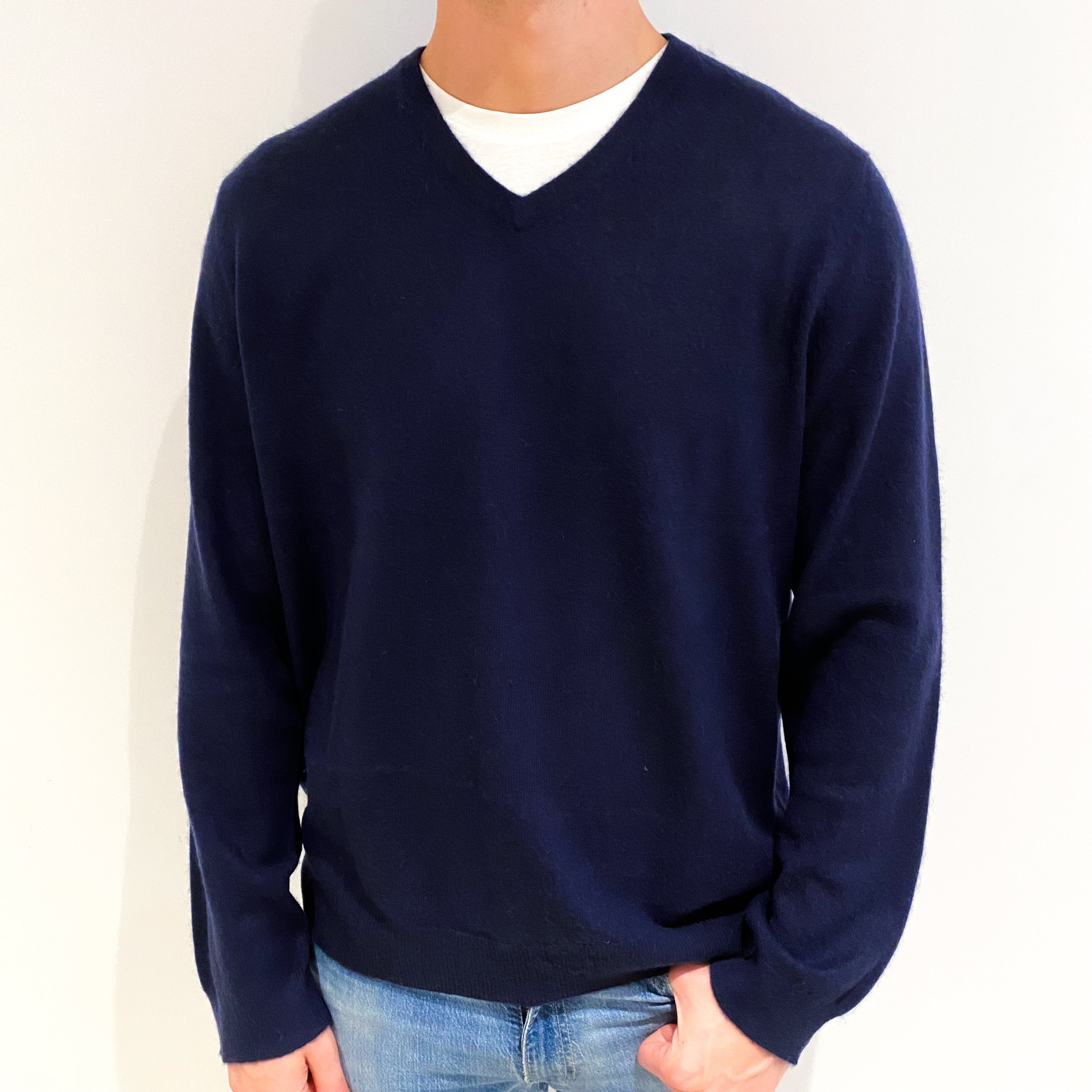 Men's Navy Blue Cashmere V Neck Jumper XXL