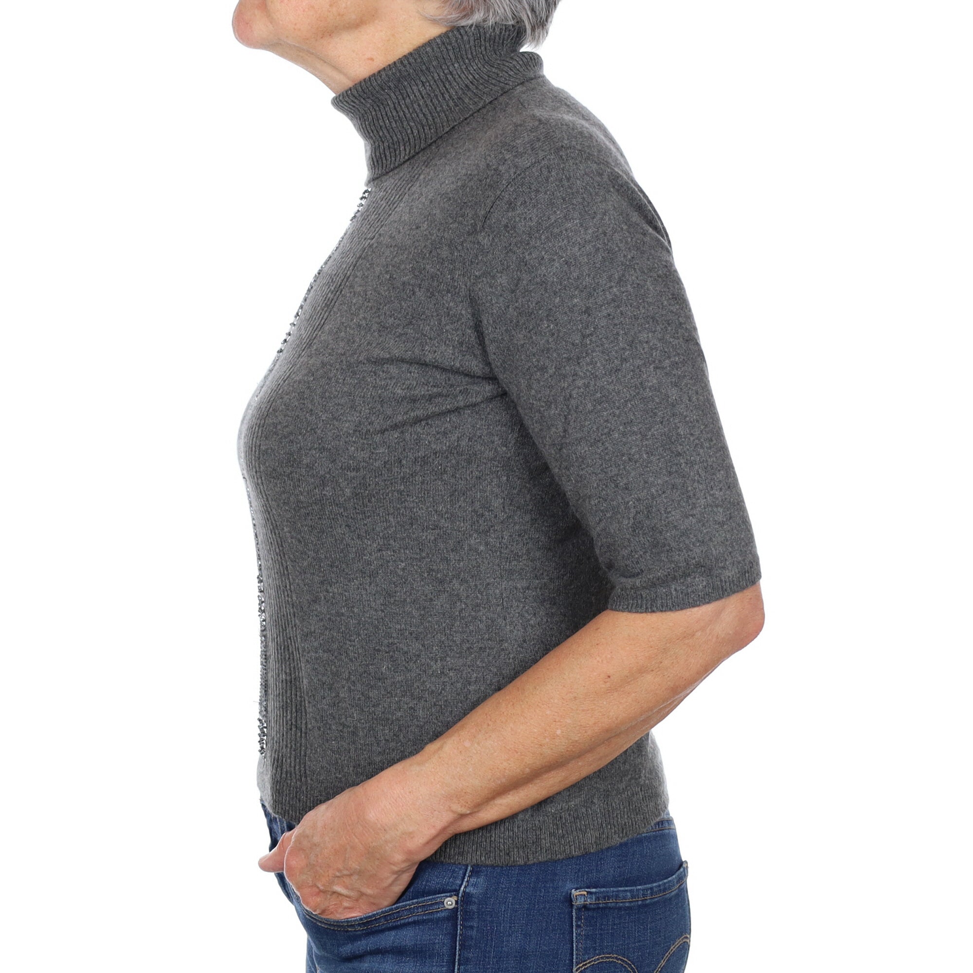 Ash Grey Cashmere Polo Neck Short Sleeved Jumper Medium