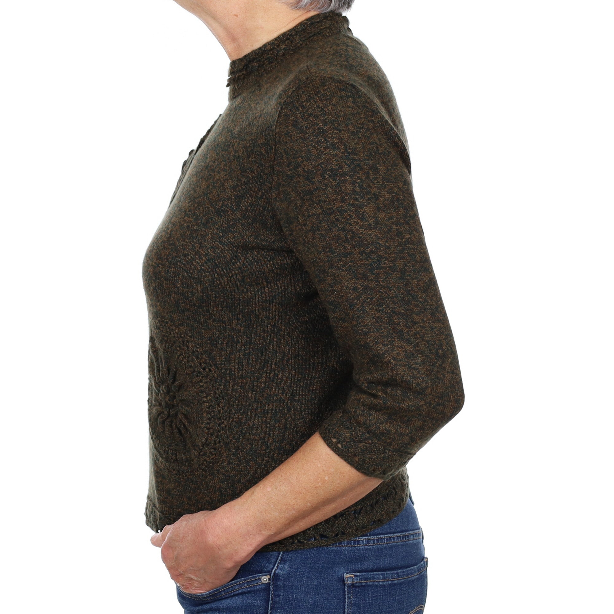 Khaki Green Marl Cashmere Buttoned Turtle Neck Jumper Medium