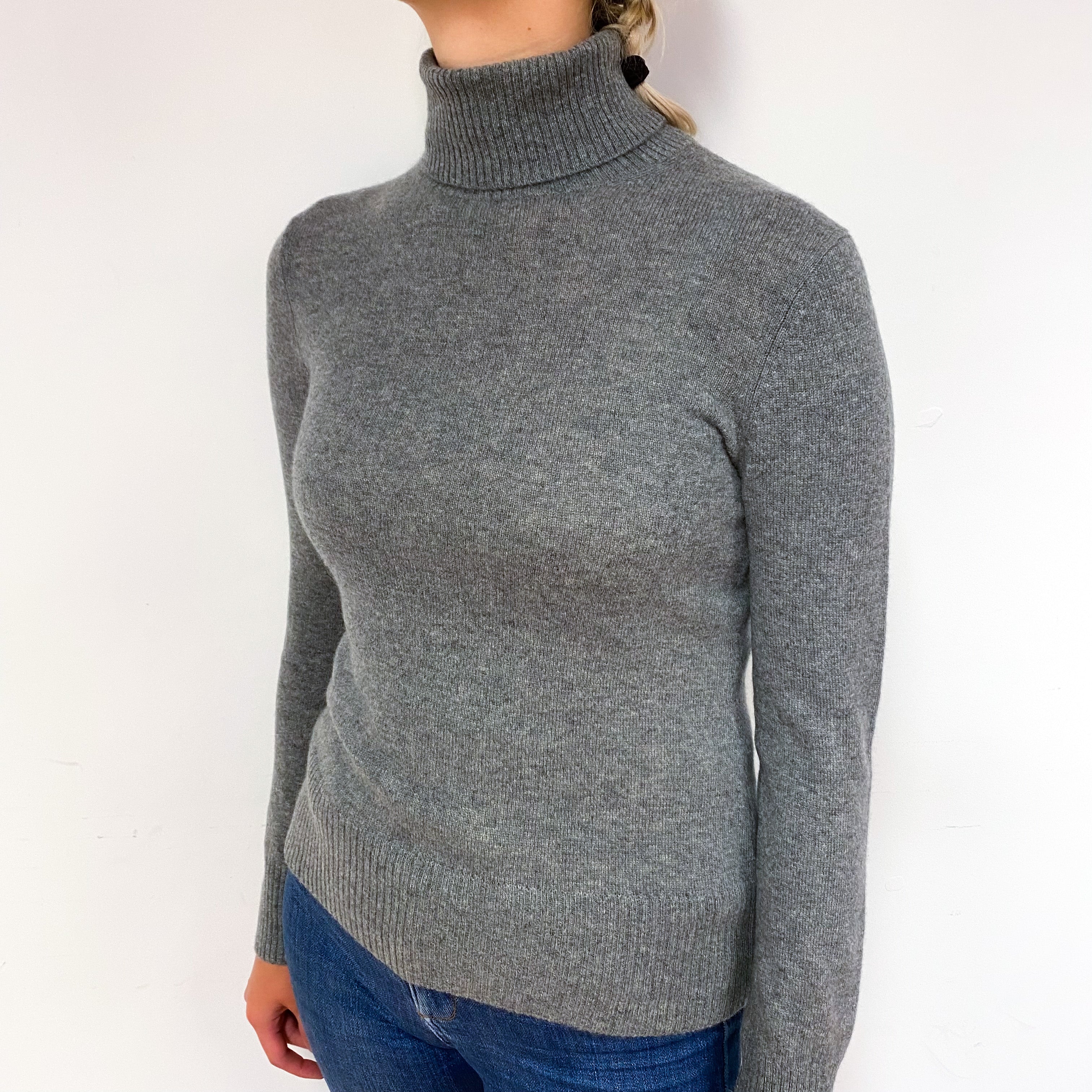 Ash Grey Cashmere Polo Neck Jumper Small
