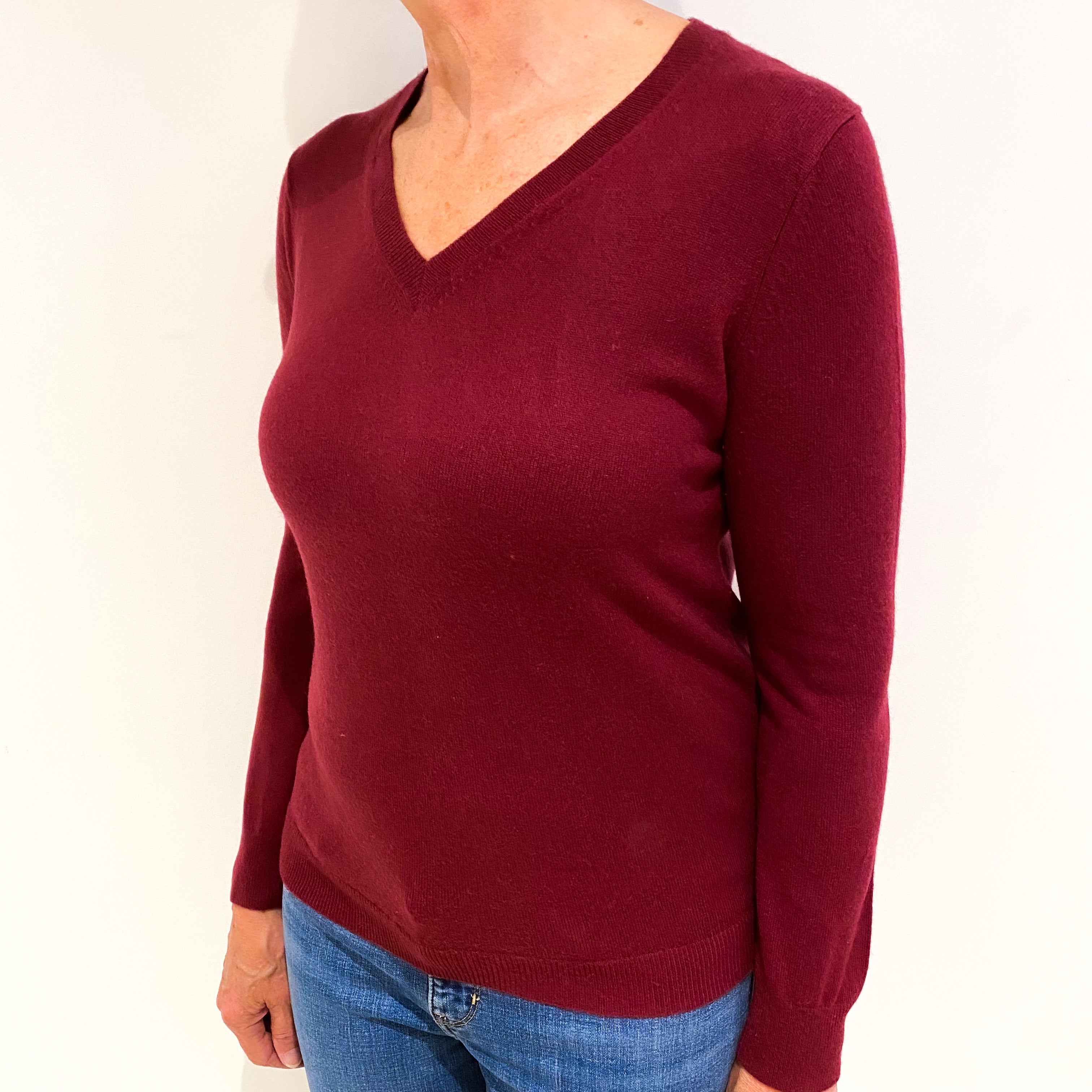Burgundy Red Cashmere V Neck Jumper Medium