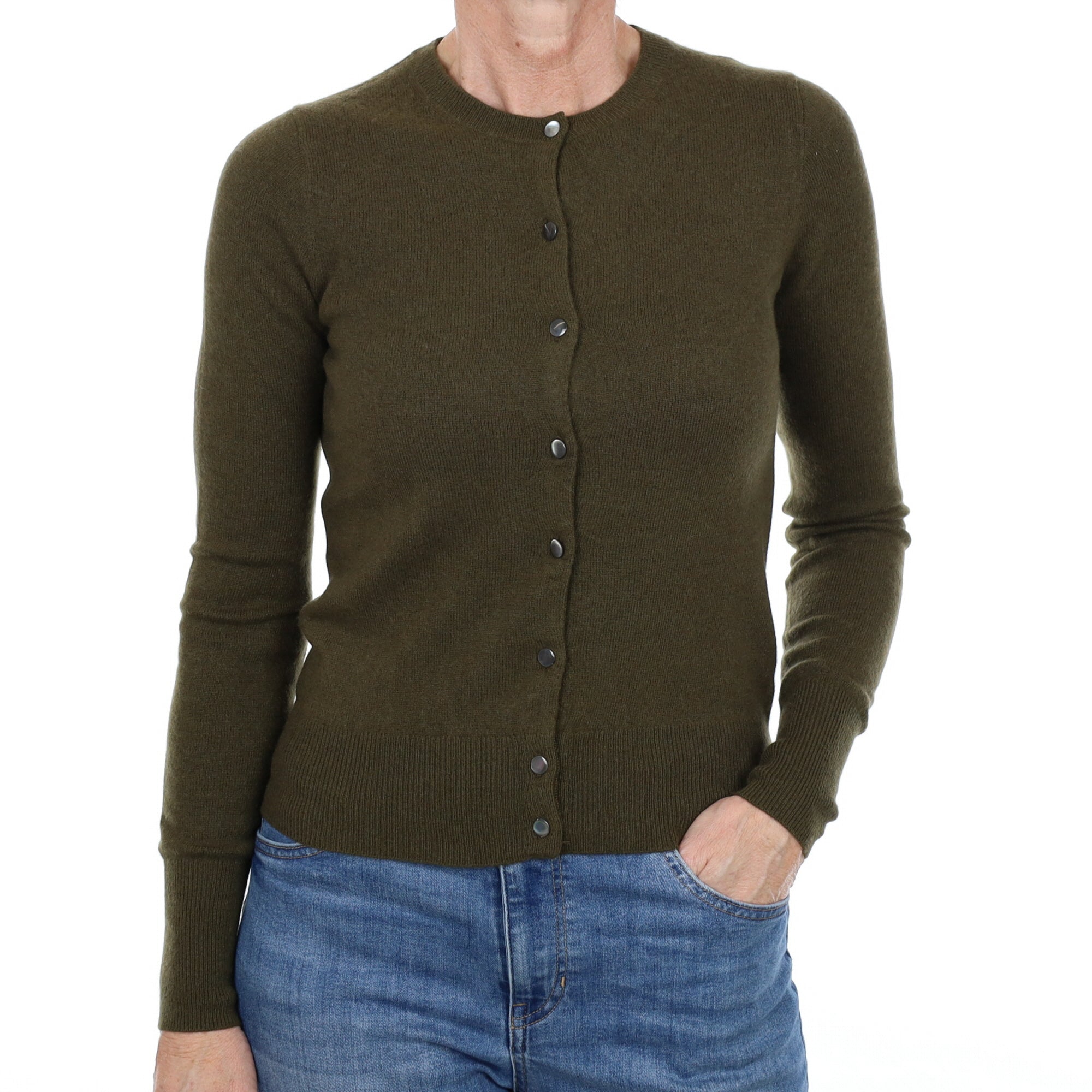 Deep Khaki Green Cashmere Crew Neck Cardigan Small