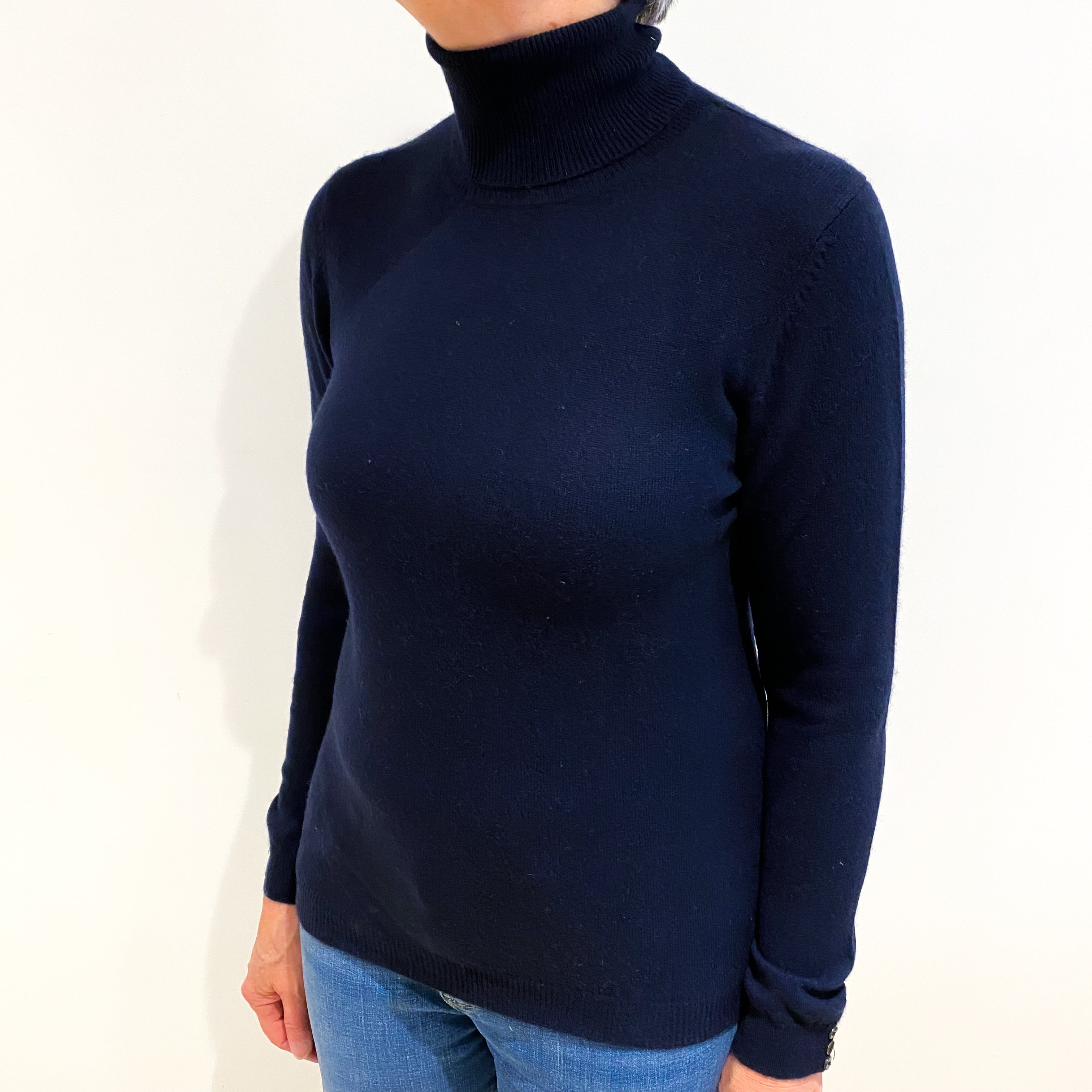 Navy Blue Cashmere Polo Neck Jumper Medium