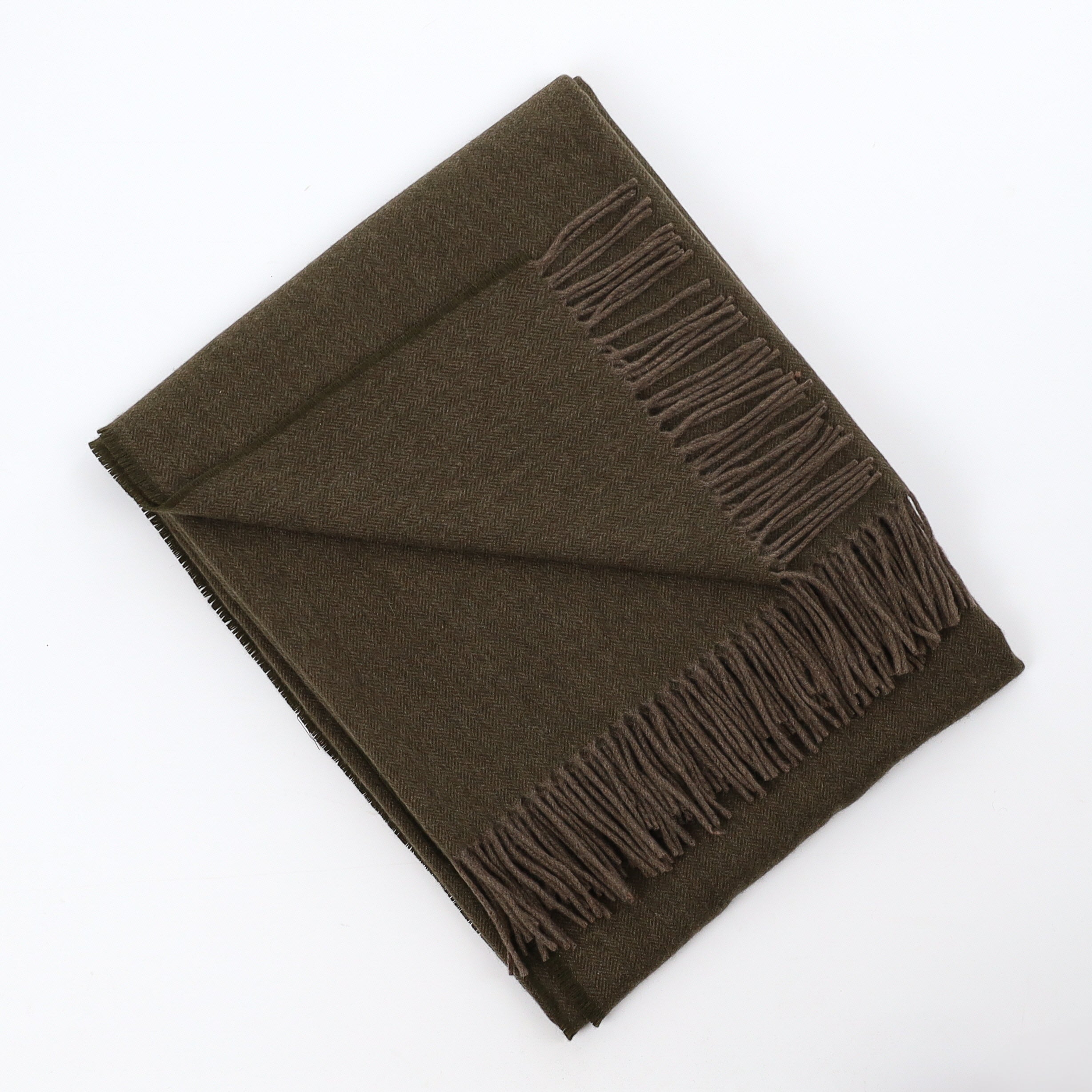 Brand New English Deep Khaki and Mocha Herringbone Luxury Woven Cashmere Blanket