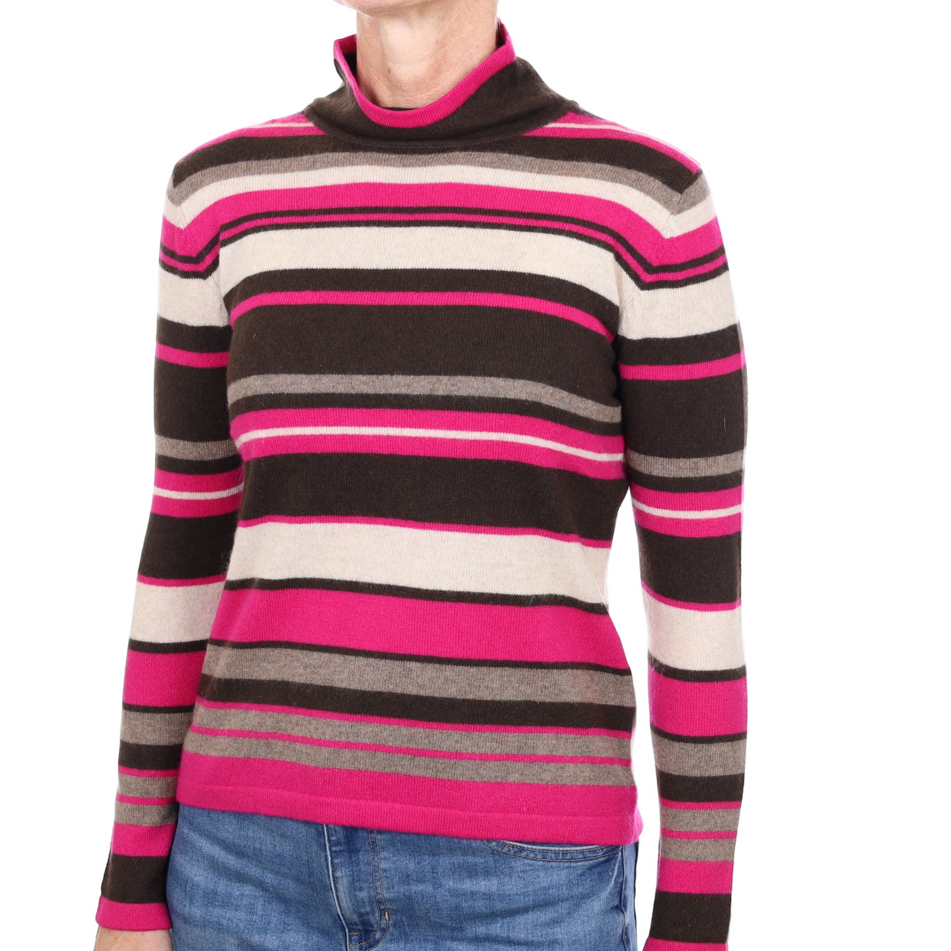 Dark Chocolate and Fuchsia Striped Cashmere Funnel Neck Jumper Small