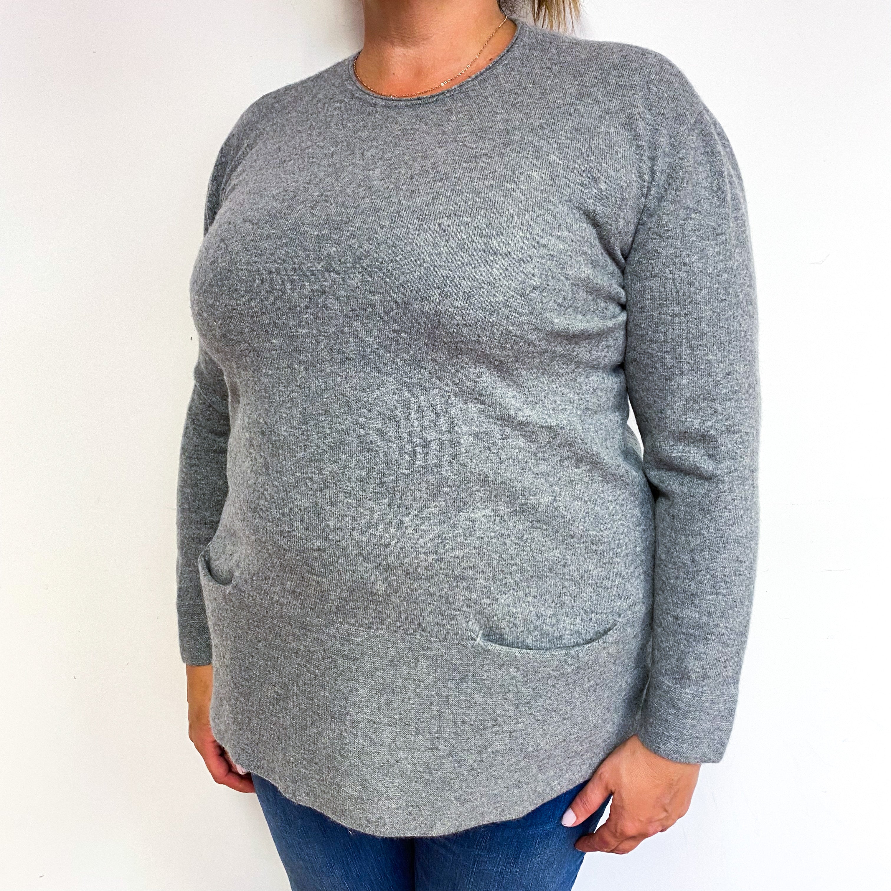 Ash Grey Cashmere Crew Neck Jumper with Pockets Extra Large