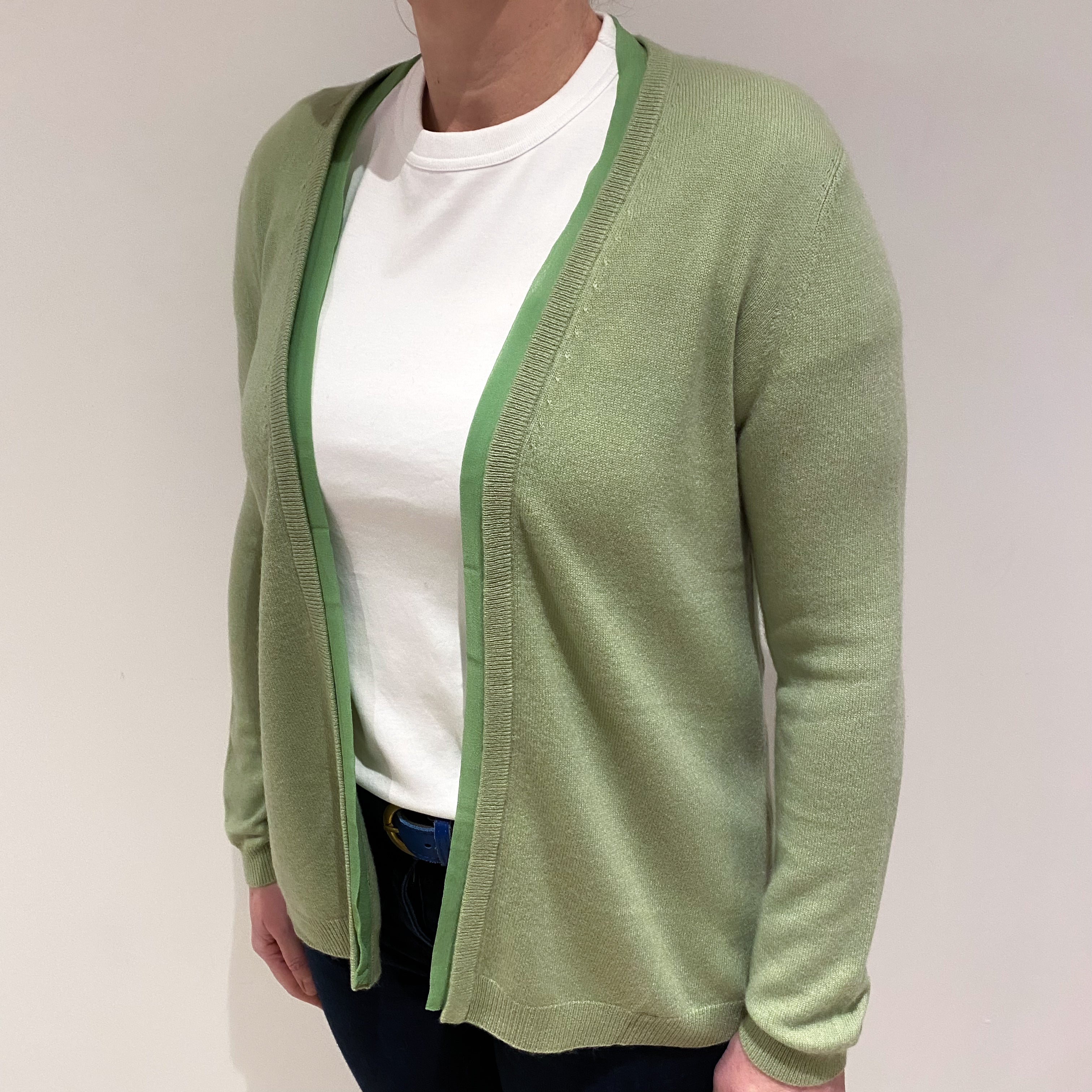 Pear Green Cashmere Edge to Edge Cardigan Large