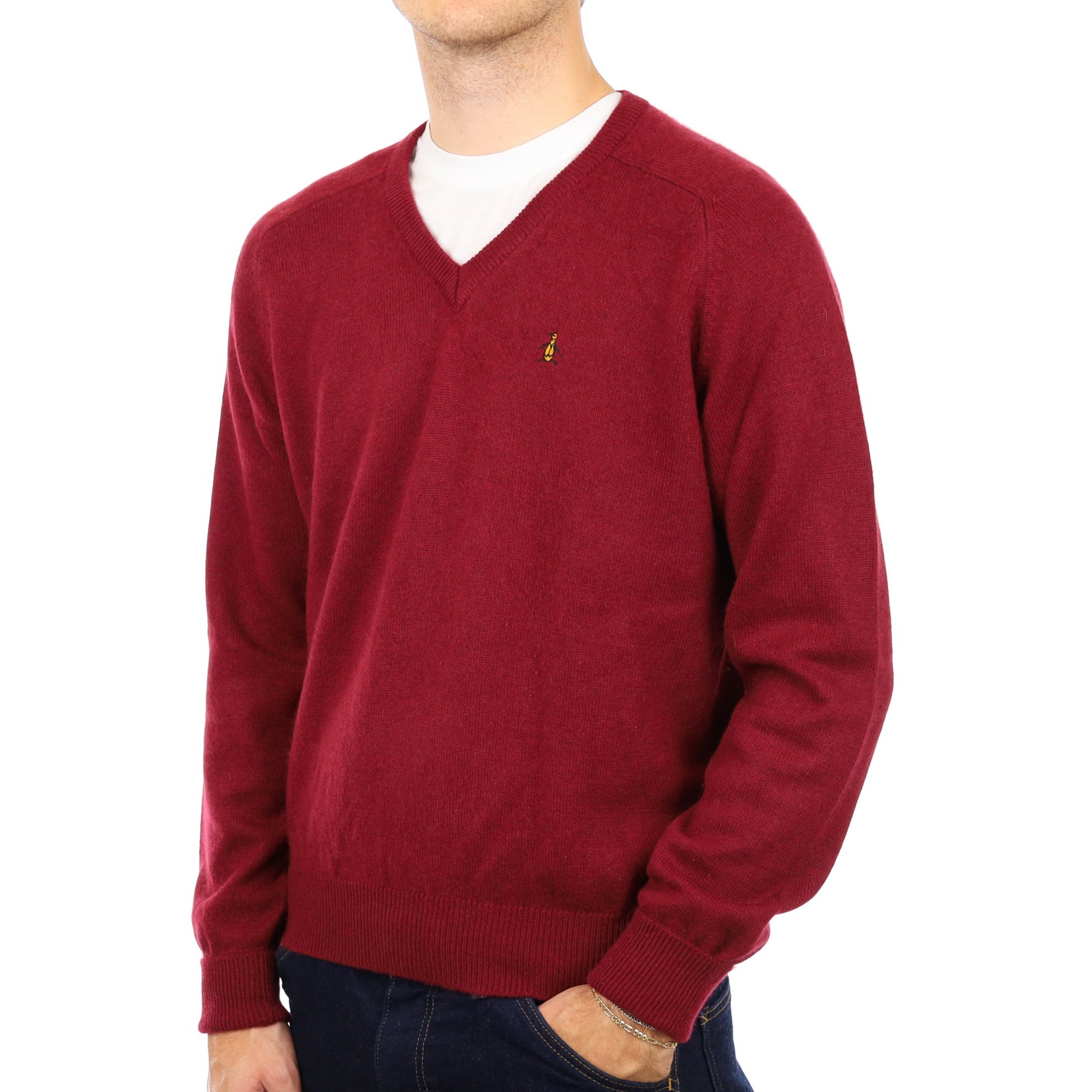 Men's Wine Red Cashmere V Neck Jumper Large