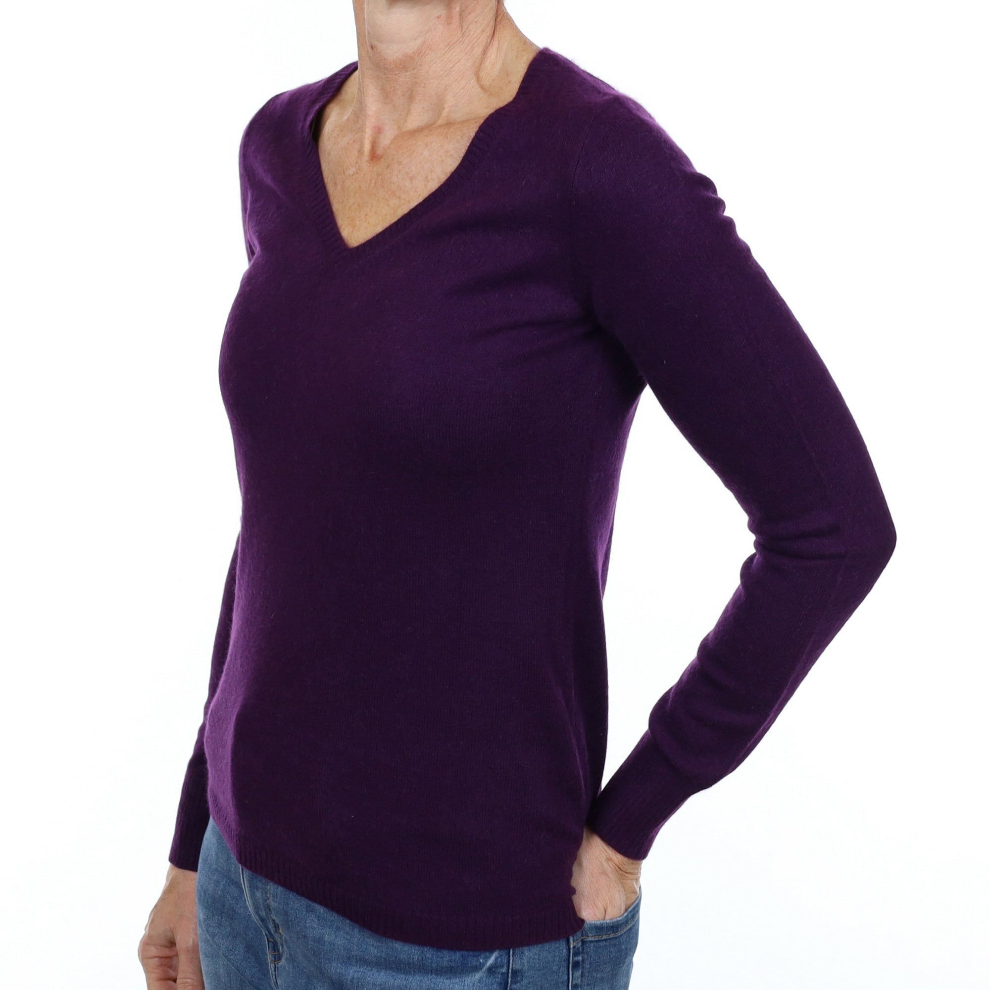 Blueberry Purple Cashmere V Neck Jumper Small