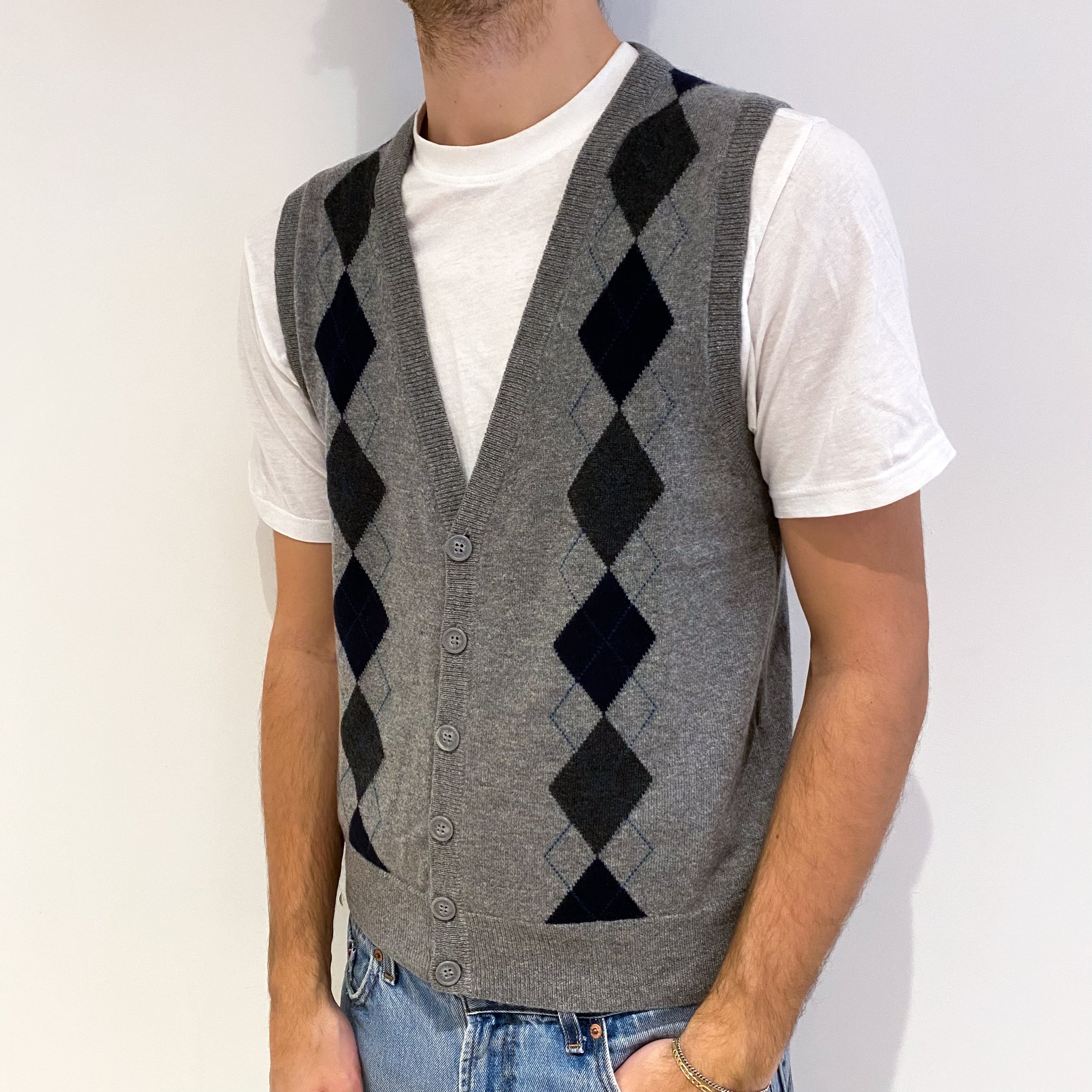 Men's Smoke Grey Patterned Cashmere V Neck Cardigan Medium