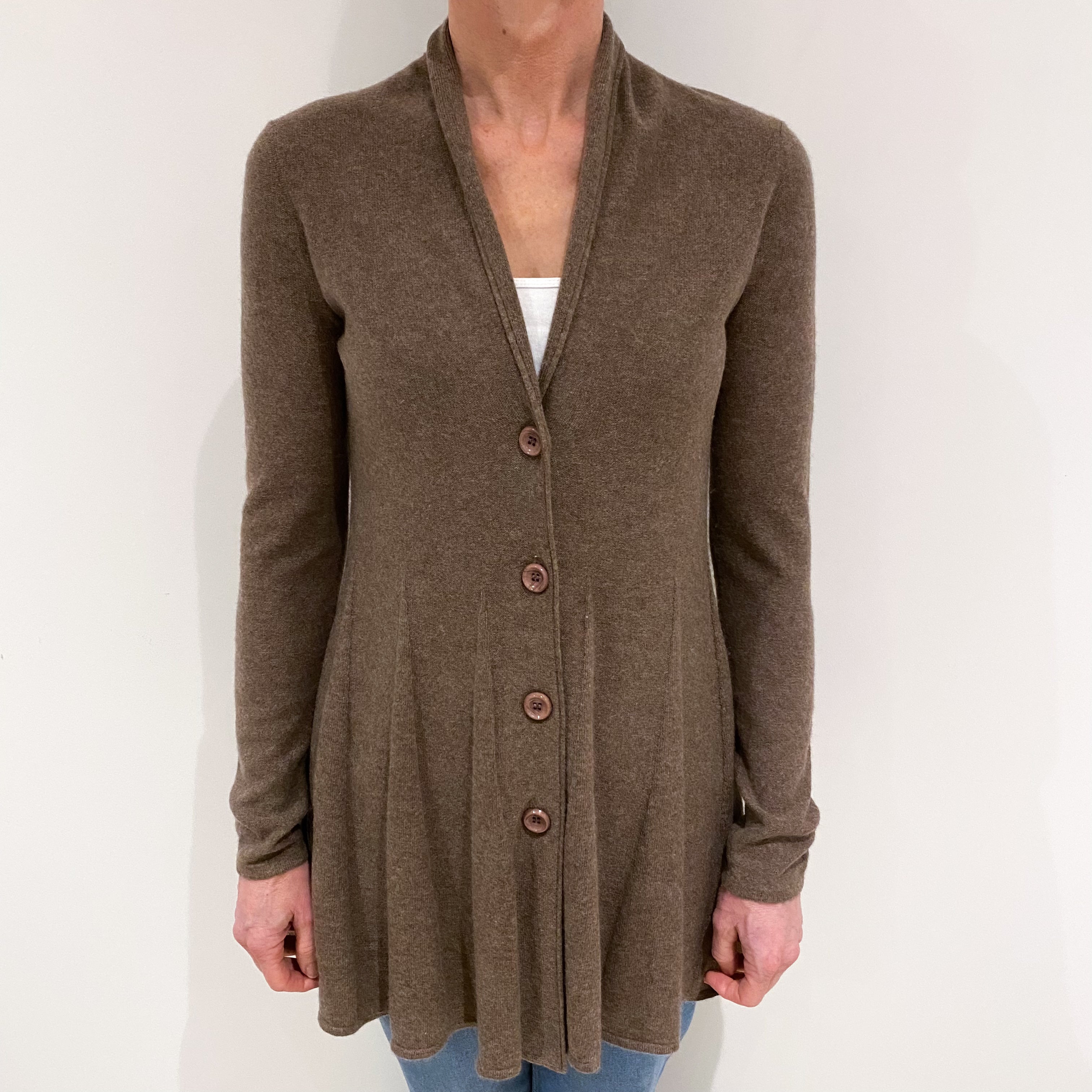 Mocha Brown Flared Hem Cashmere V Neck Cardigan Small