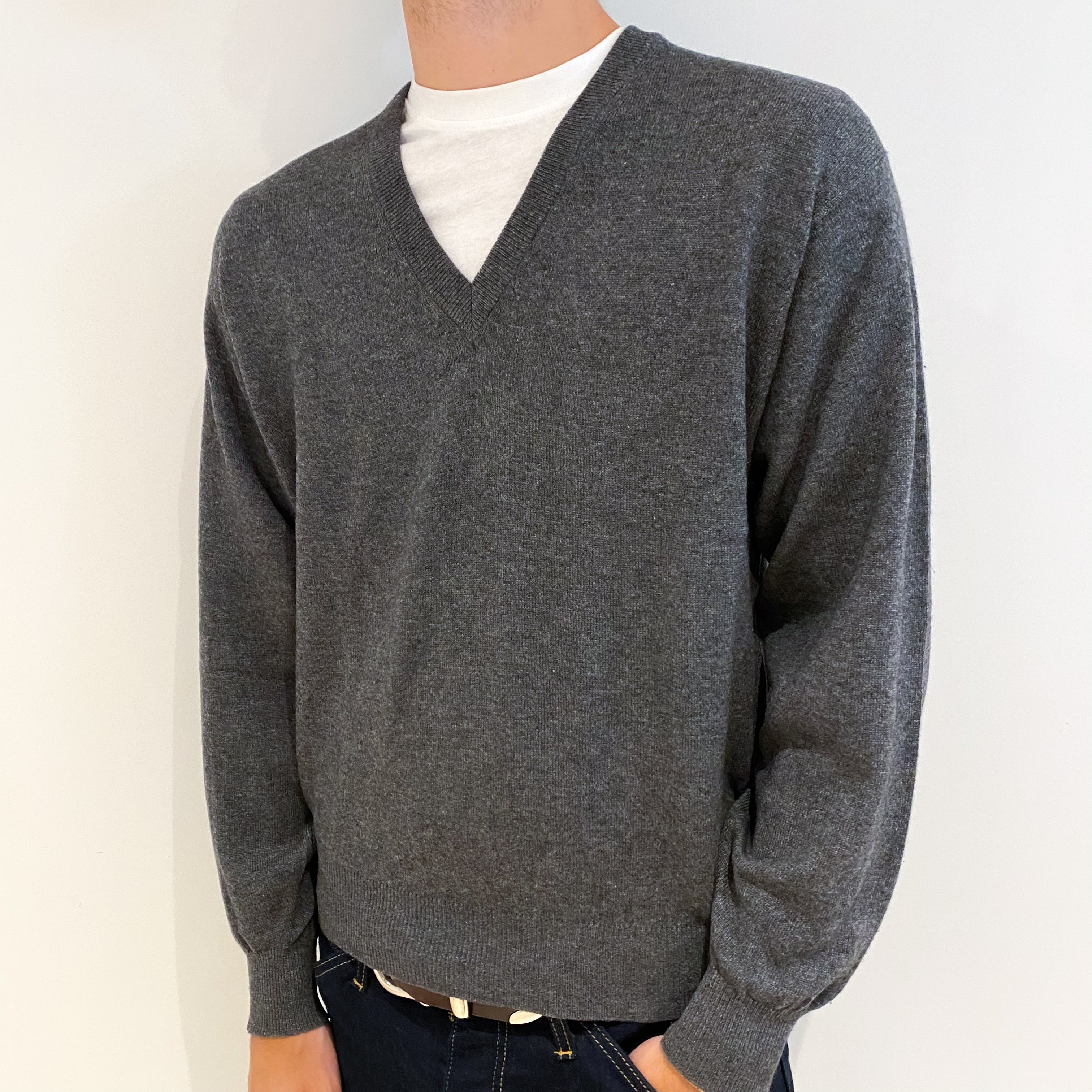 Men's Slate Grey Cashmere V-Neck Jumper Medium
