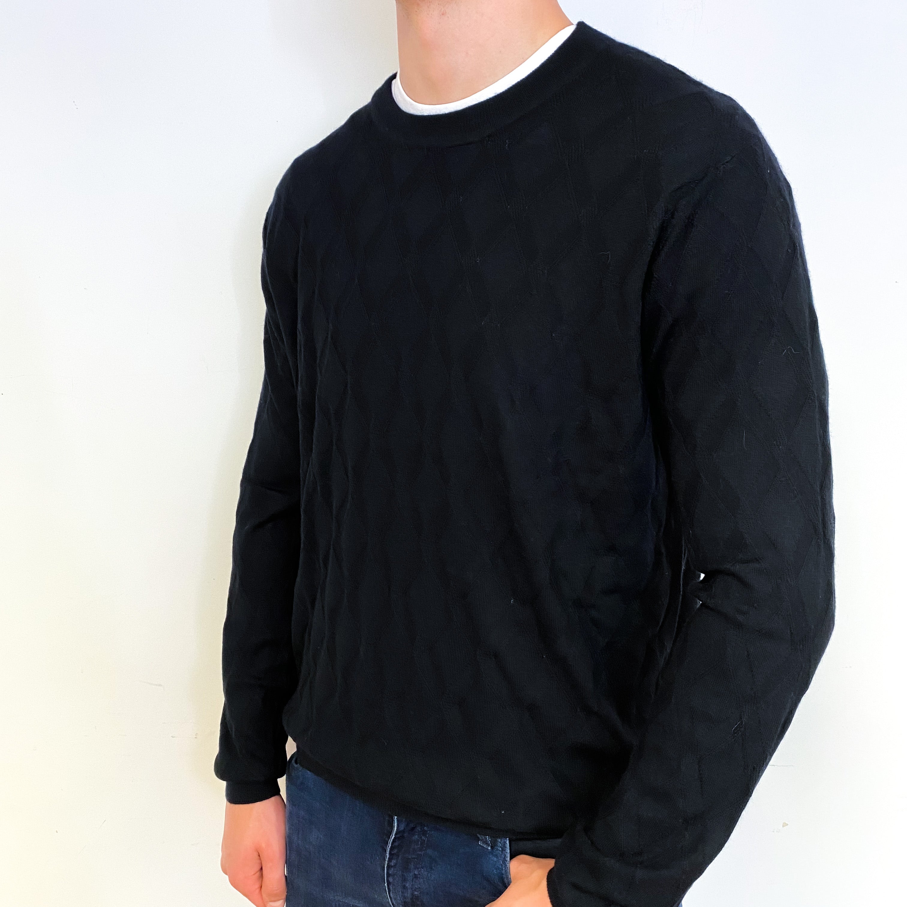Men's Black Diamond Fine Knit Cashmere Crew Neck Jumper XXL