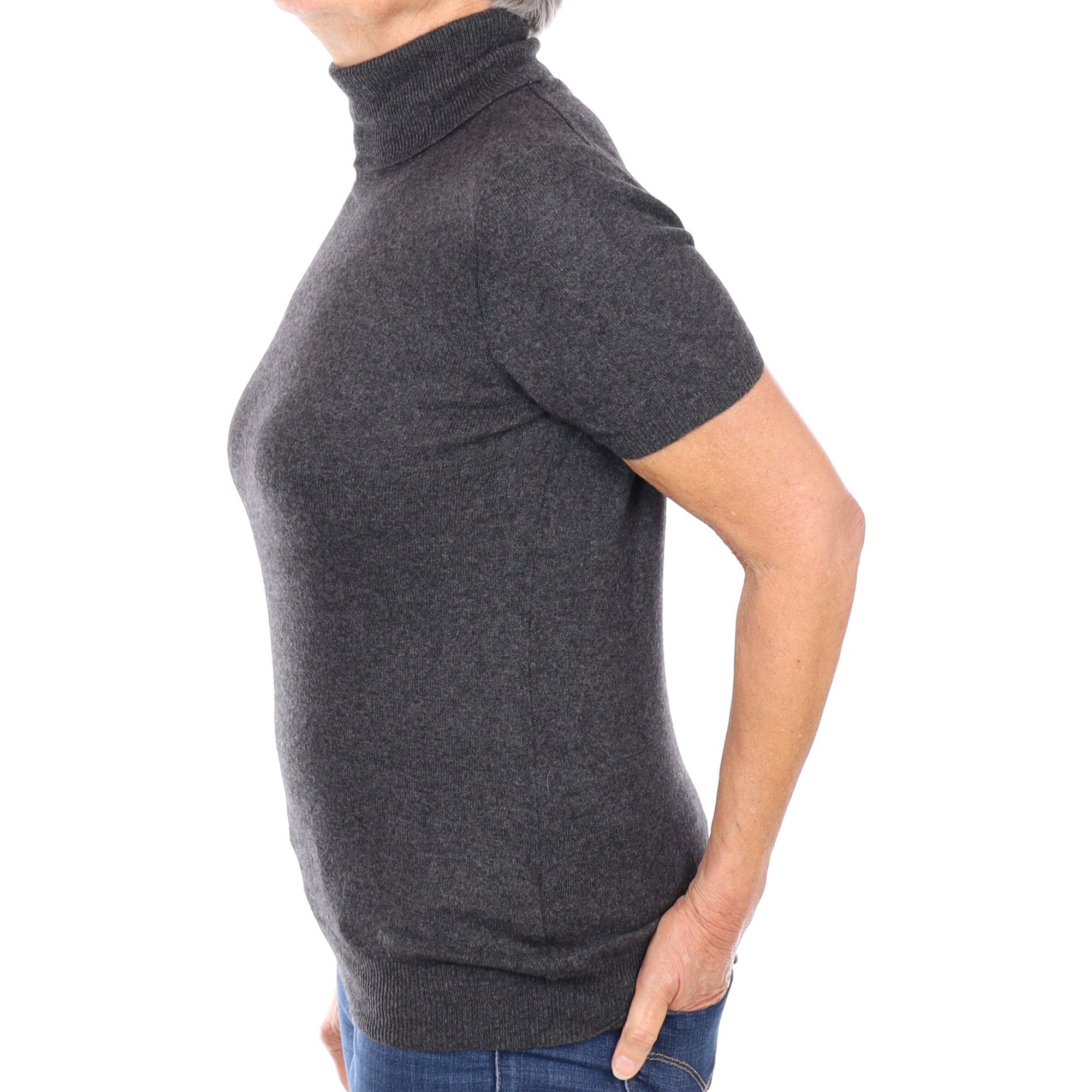Charcoal Grey Cashmere Short Sleeve Polo Neck Jumper Medium