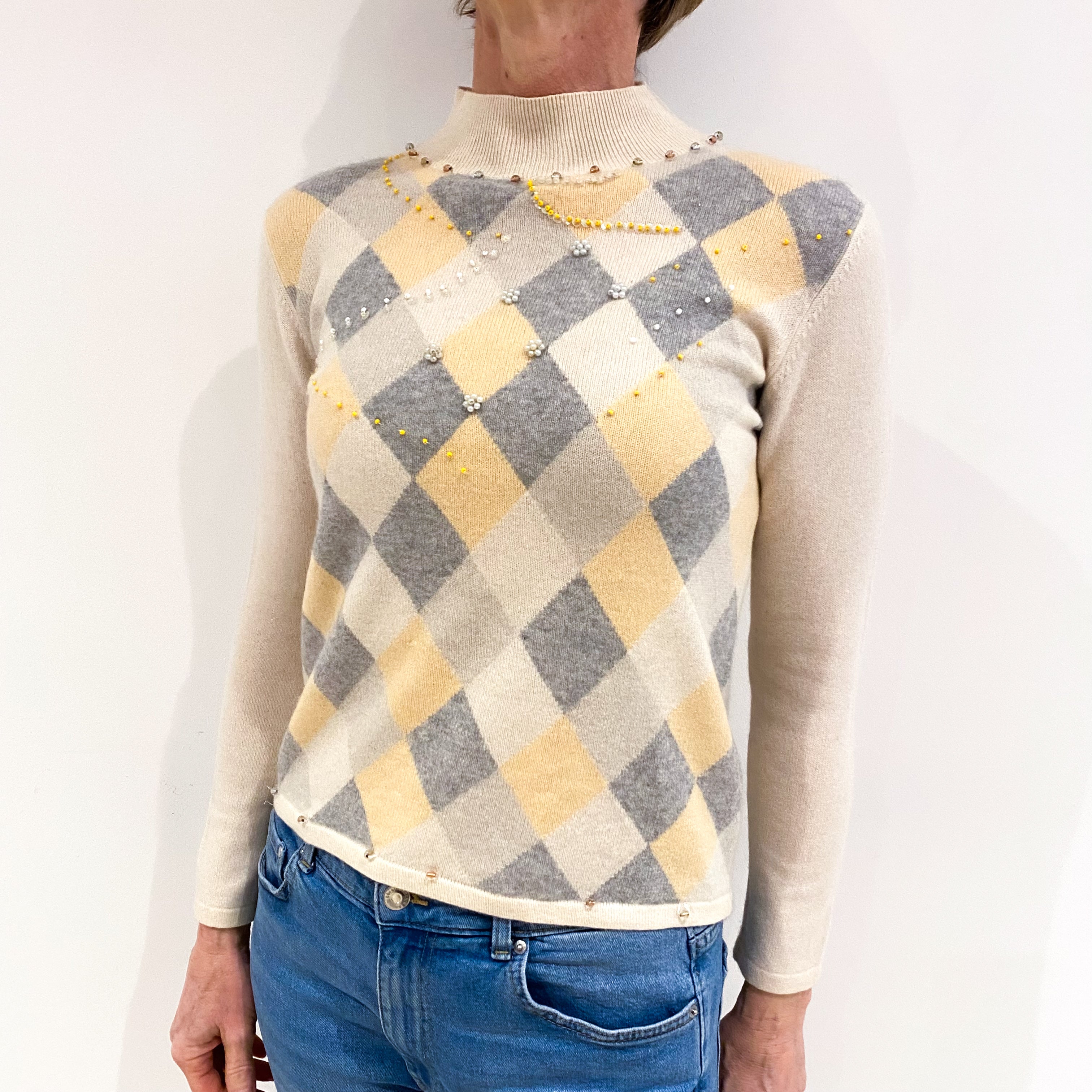 Soft Beige Diamond Pattern With Embellishing Cashmere Turtle Neck Jumper Small