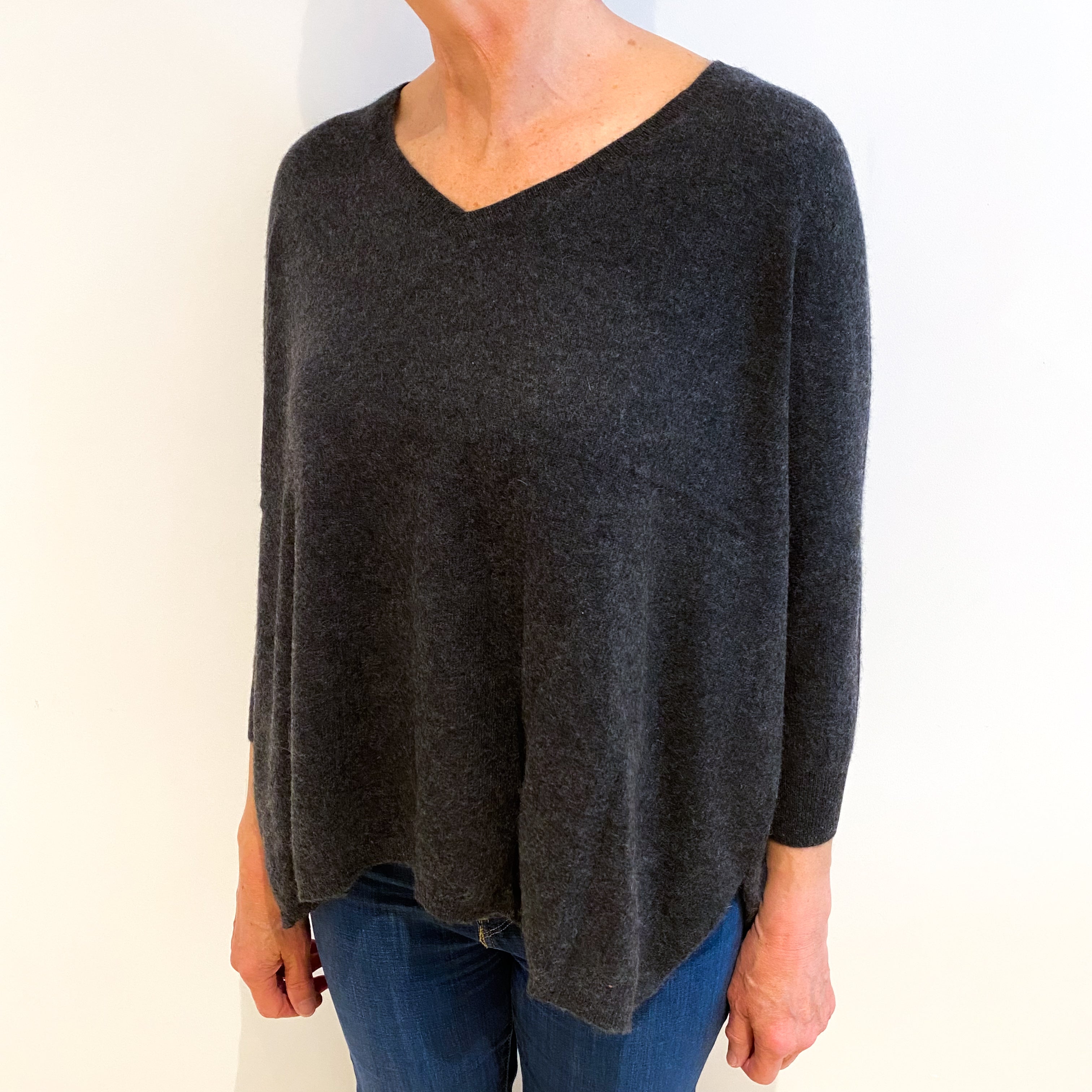 Charcoal Grey Cashmere V Neck Jumper Medium