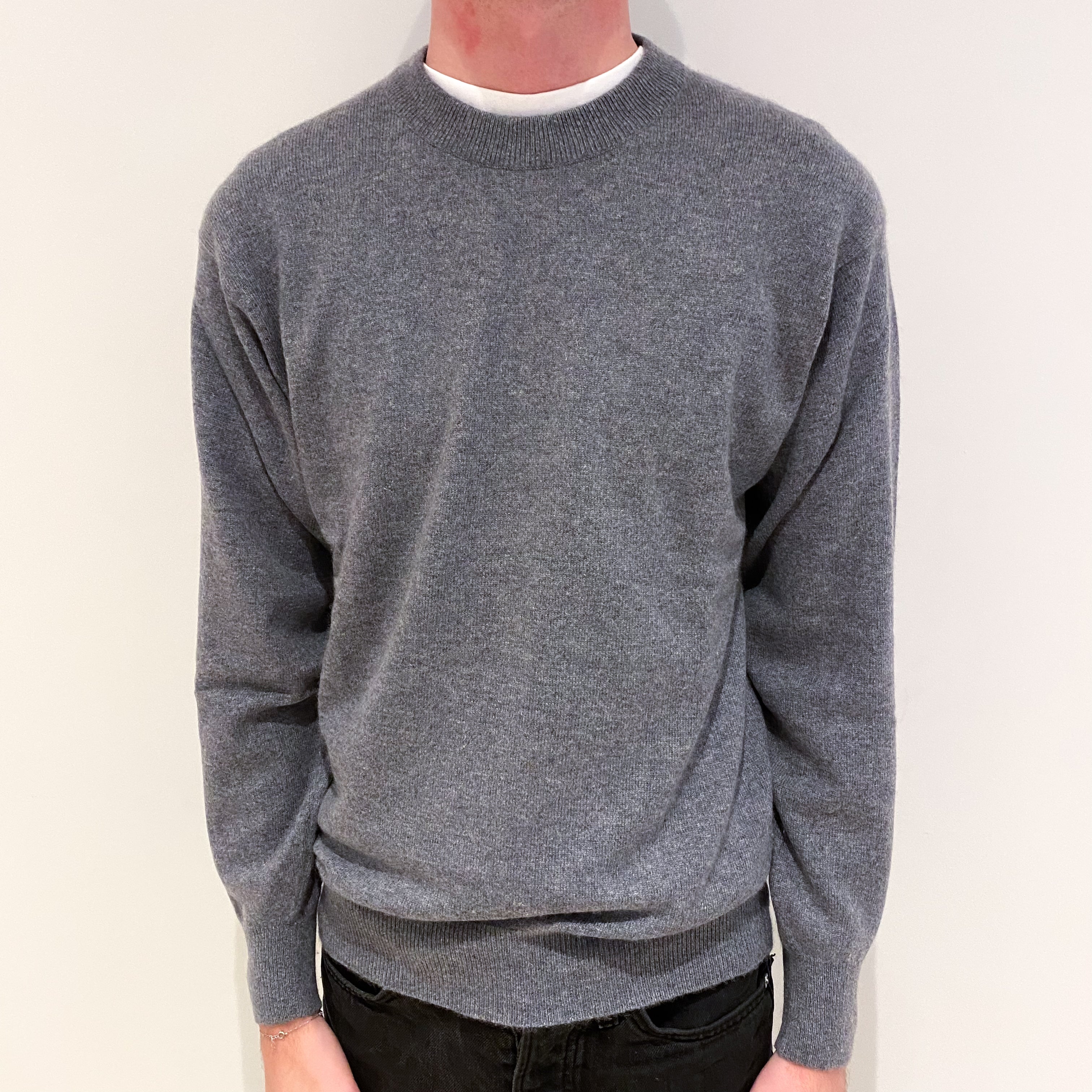 Men's Steel Grey Cashmere Crew Neck Jumper Small