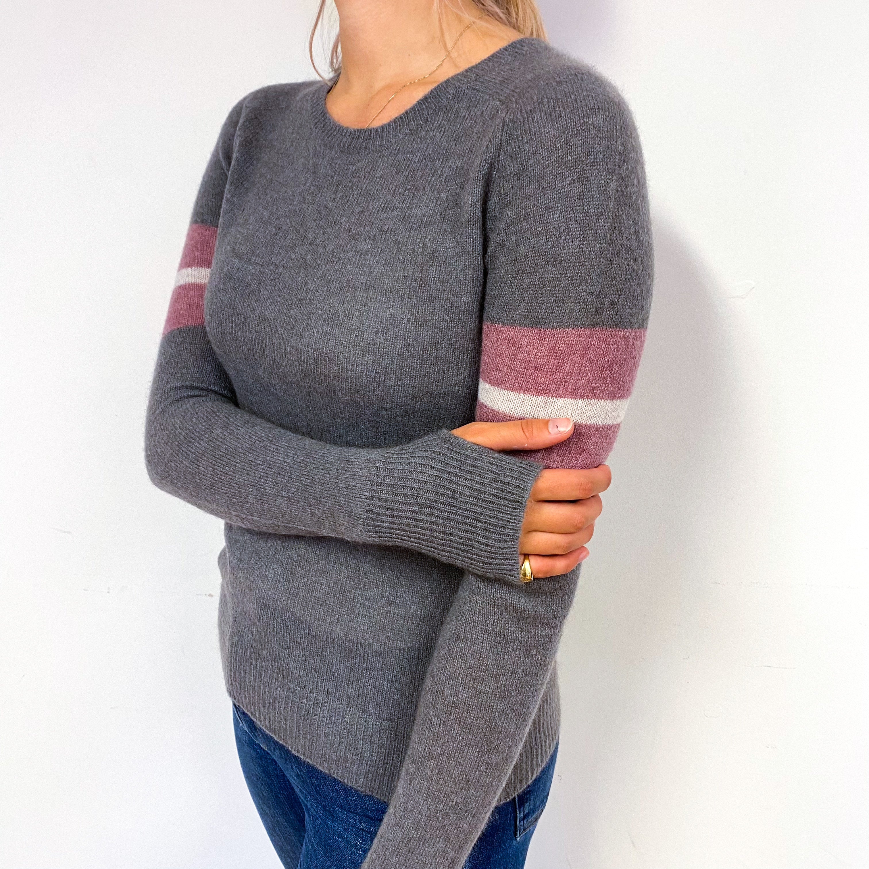 Steel Grey Heather Trim Cashmere Crew Neck Jumper Small