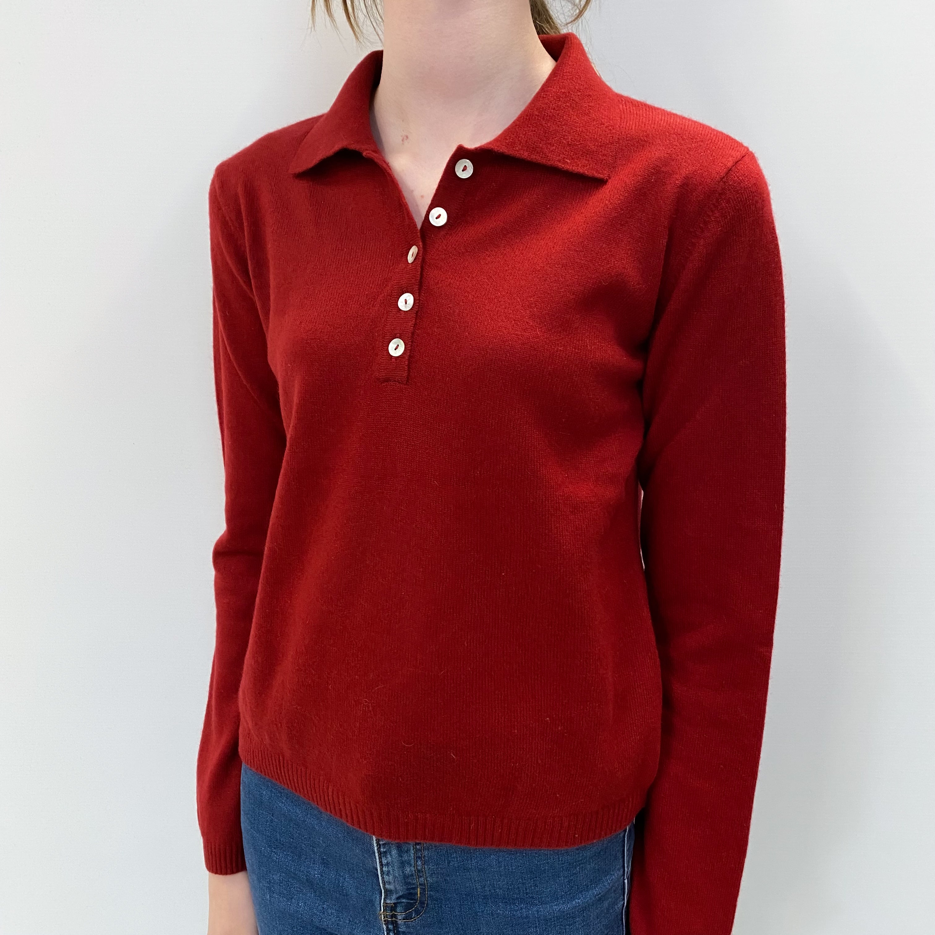 Phoenix Red Cashmere Collared Quarter Button Jumper Extra Small