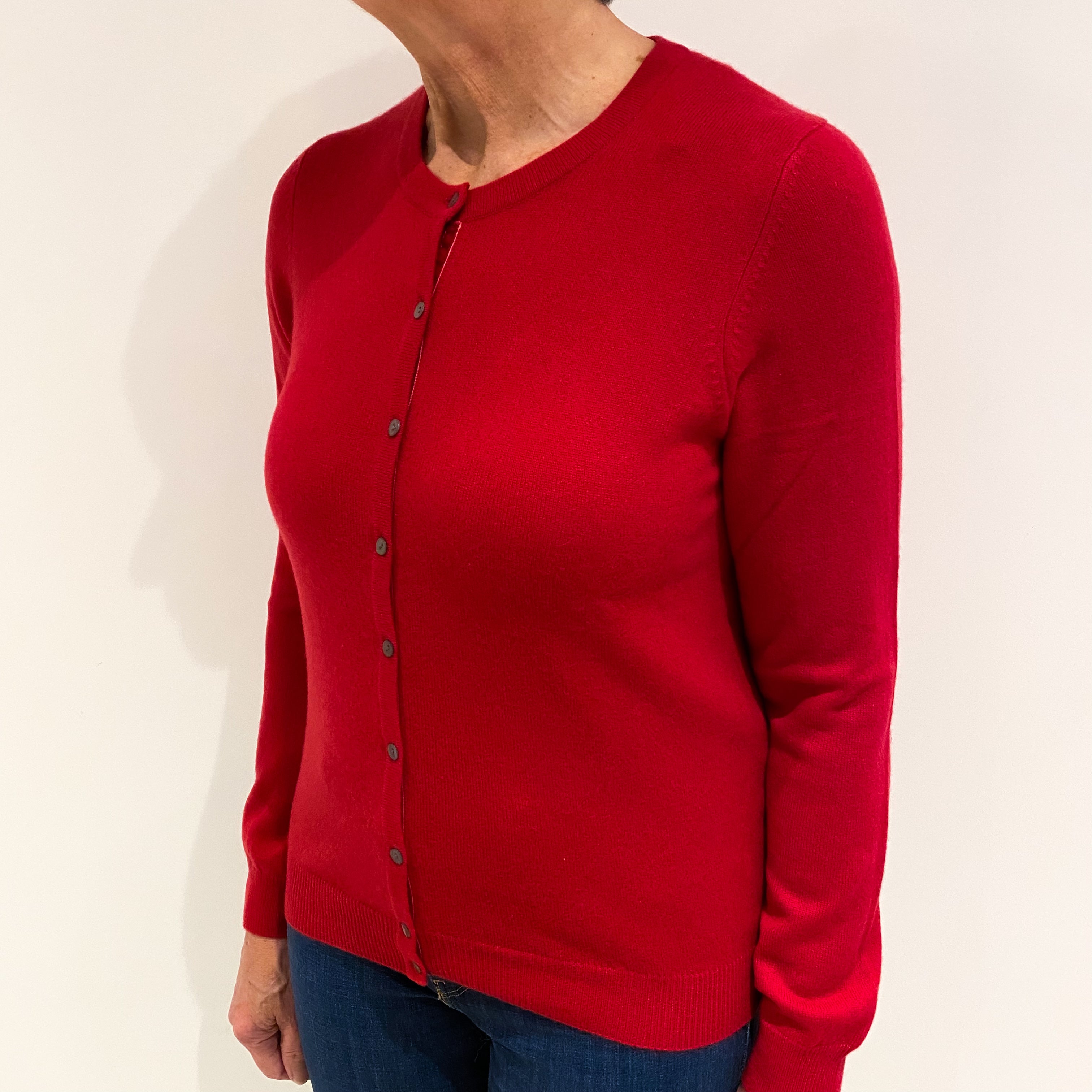 Post Box Red Cashmere Crew Neck Cardigan Medium