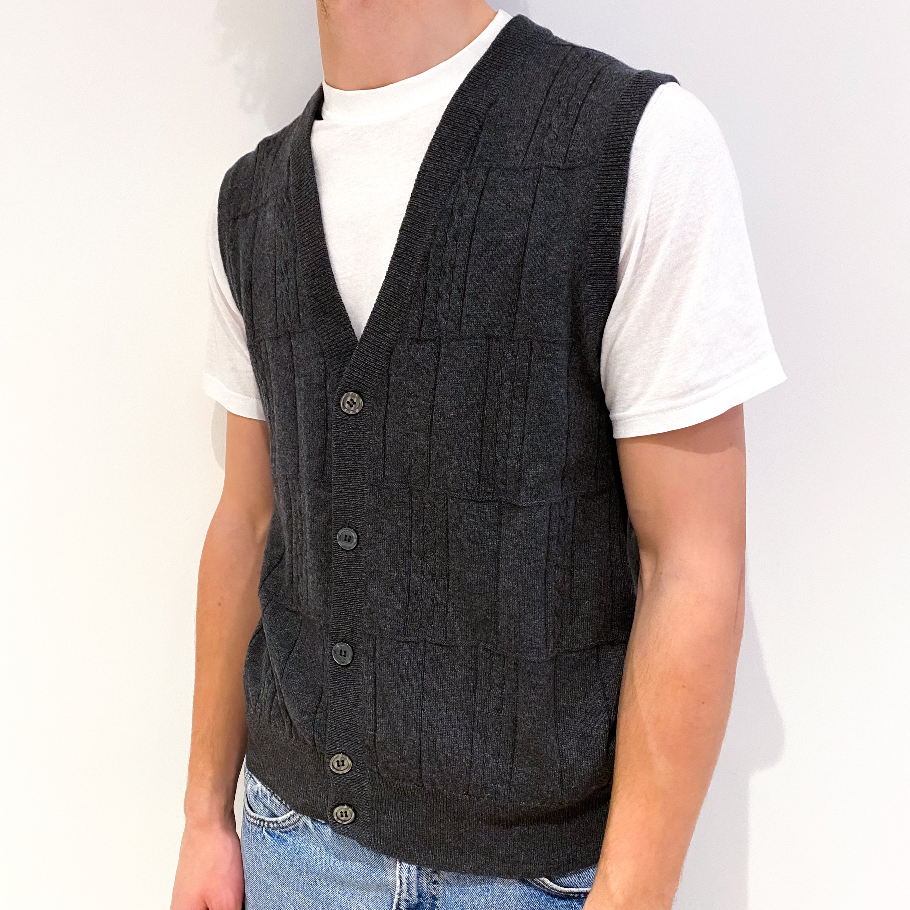Men's Slate Grey Cashmere Sleeveless V-Neck Cardigan Medium