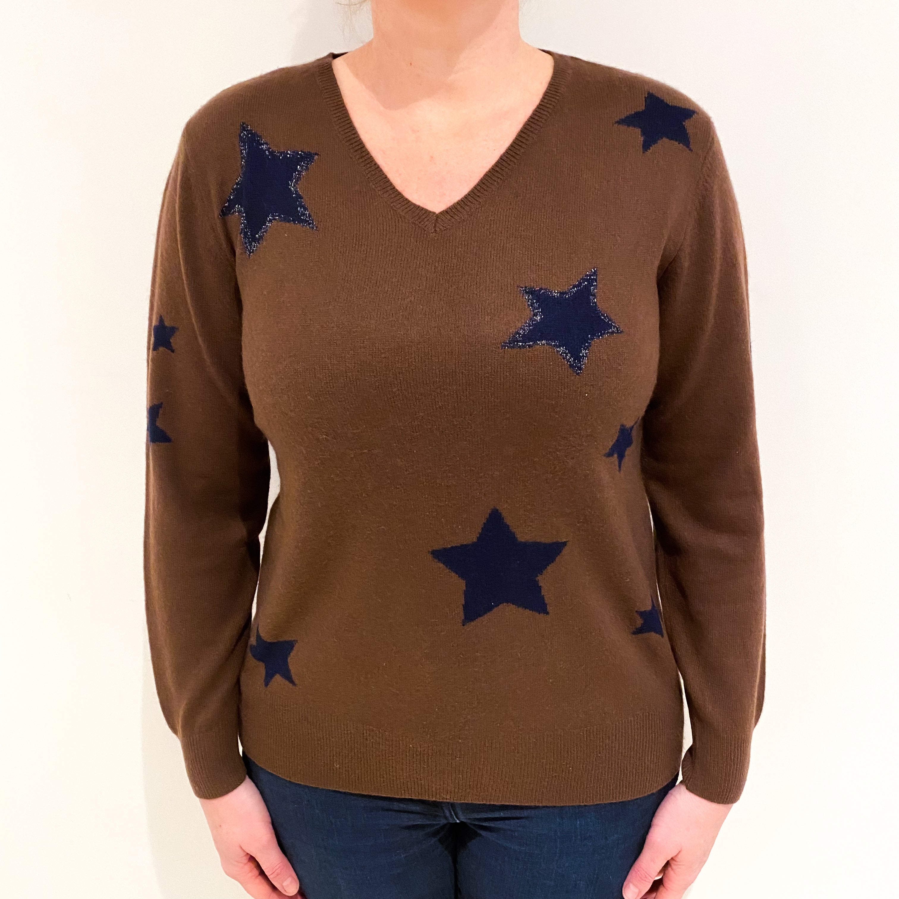 Chocolate Brown Navy Star Cashmere V Neck Jumper Large