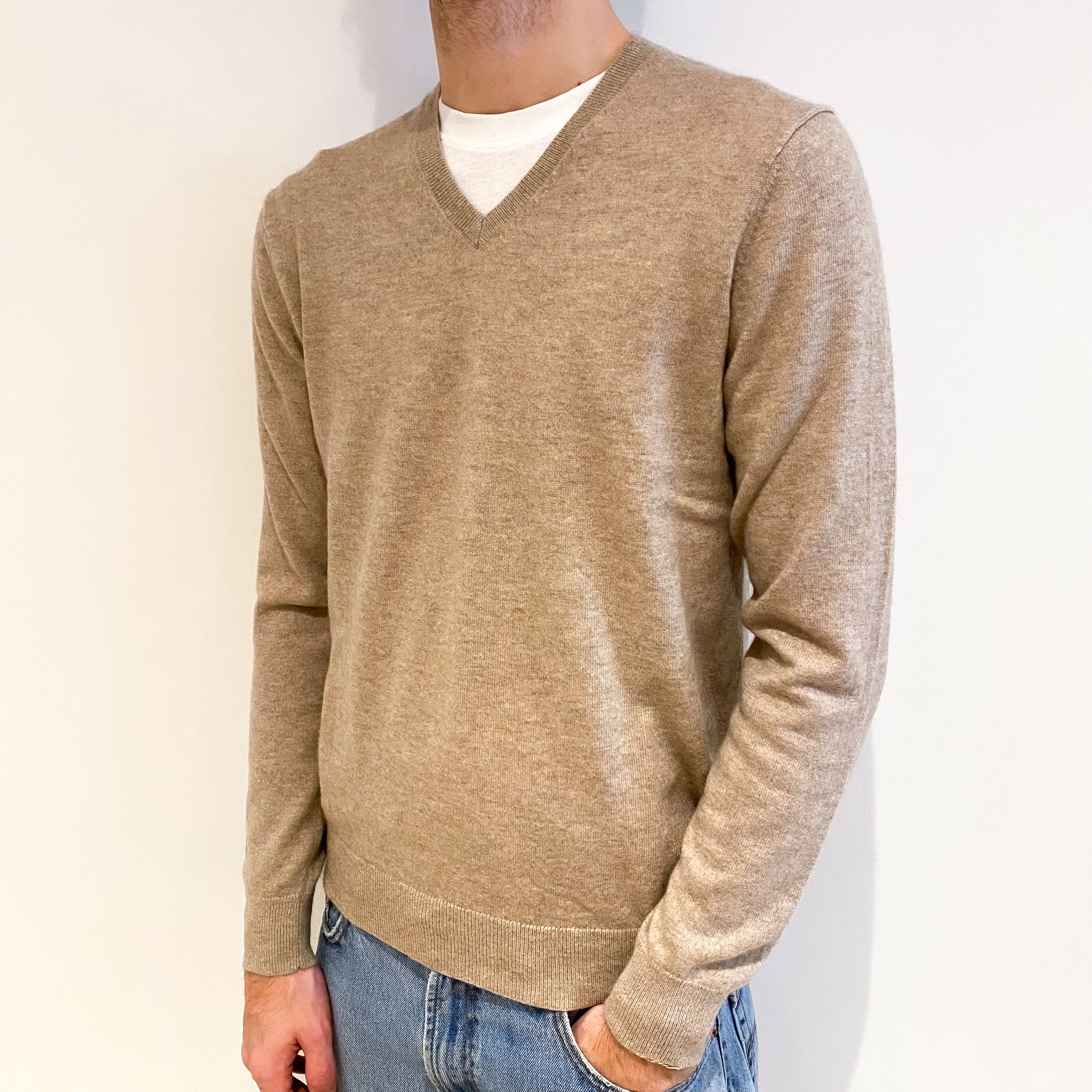 Men's Fawn Beige Cashmere V Neck Jumper Medium