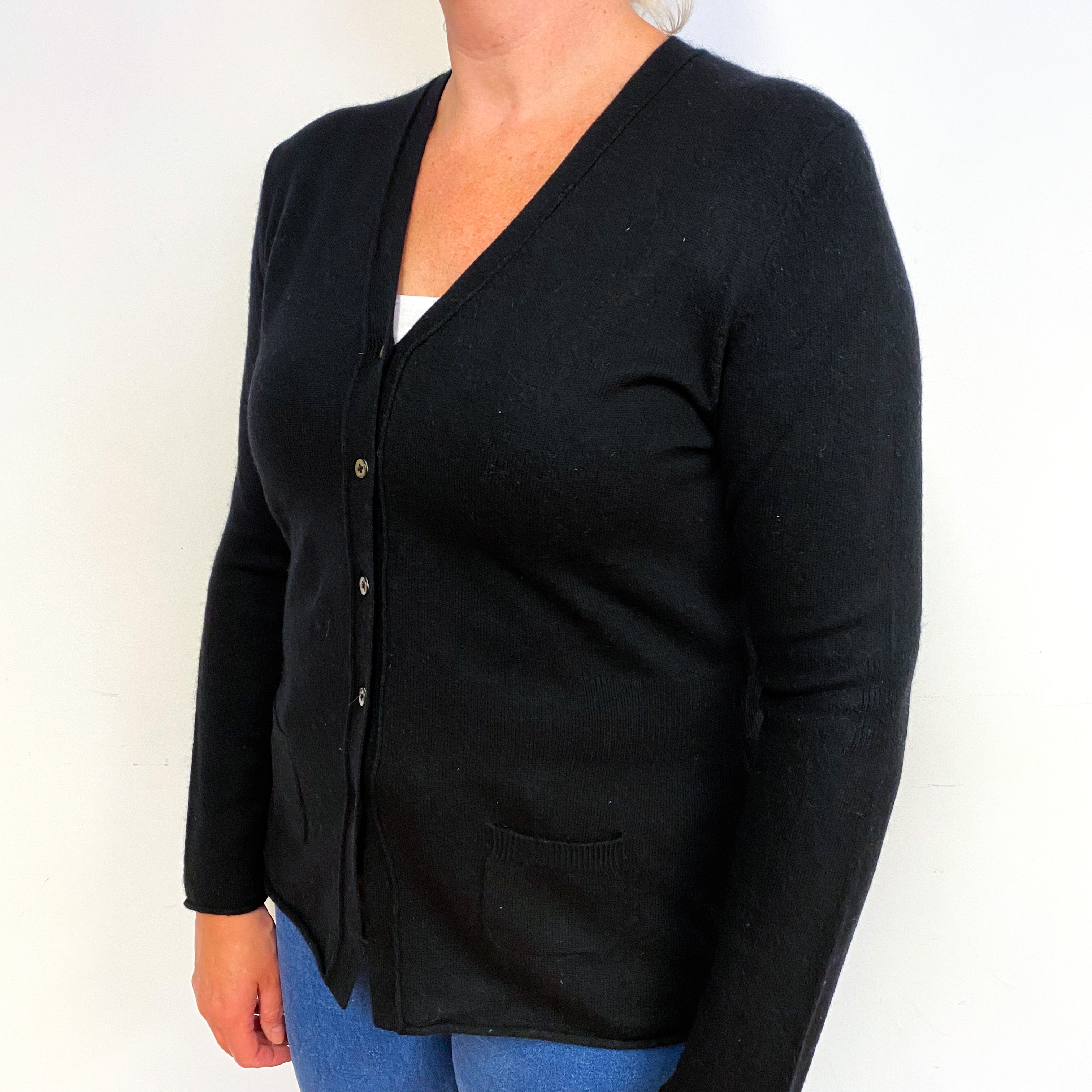 Black Cashmere V-Neck Cardigan with Pockets Large