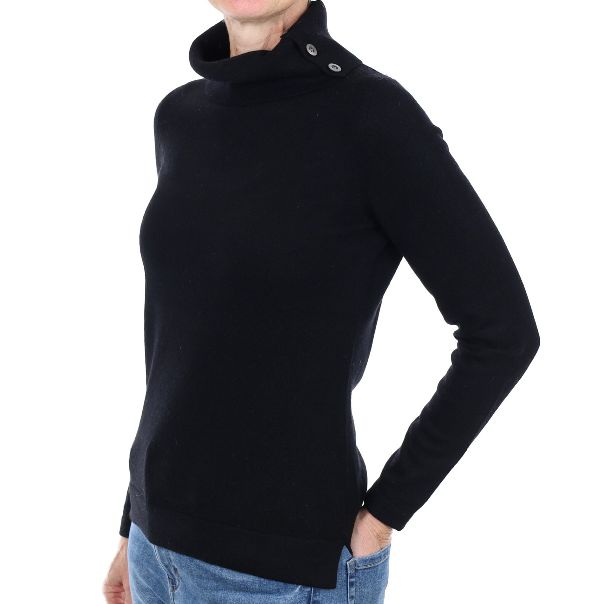 Black Cashmere Buttoned Polo Neck Jumper Small