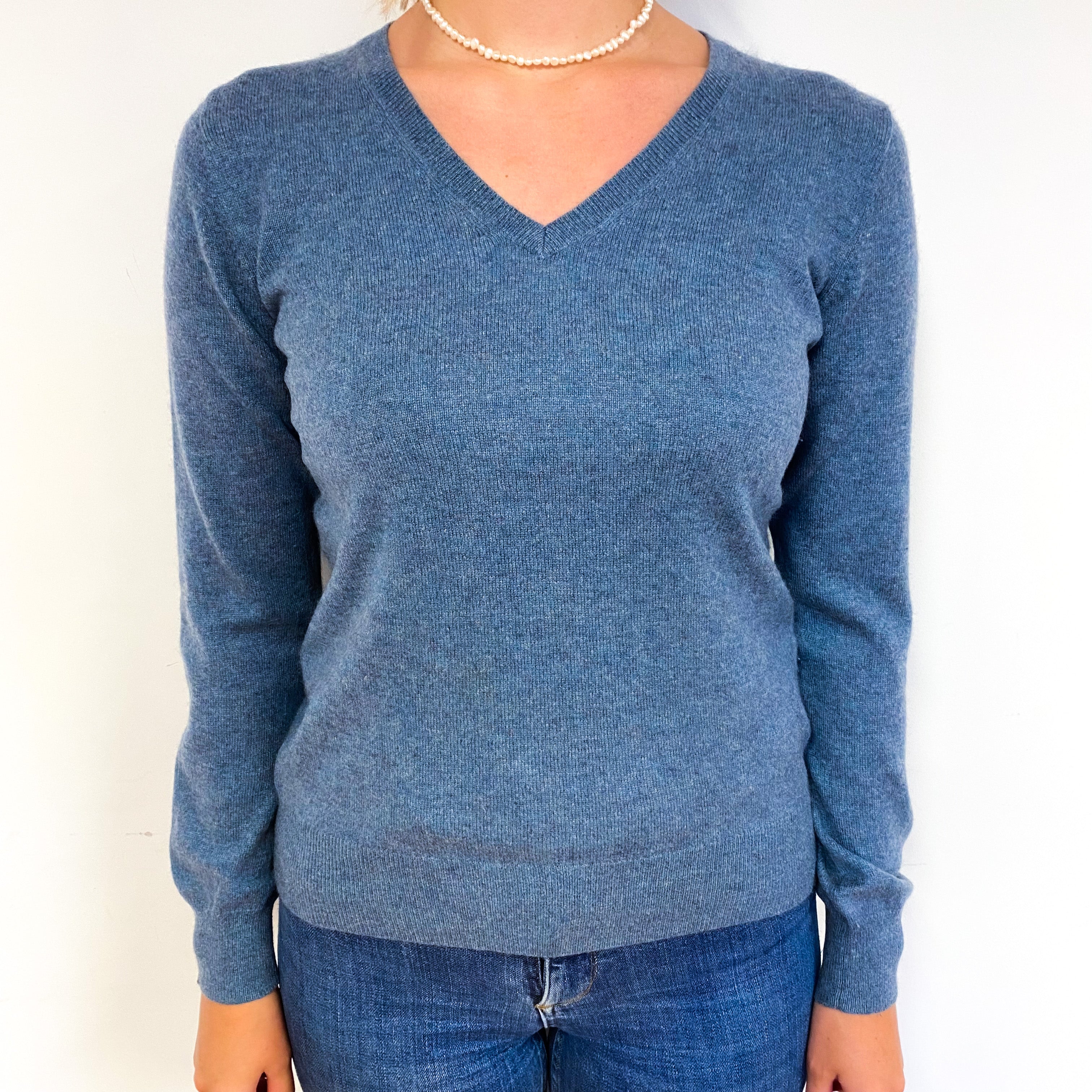 Deep Denim Blue Cashmere V-Neck Jumper Small