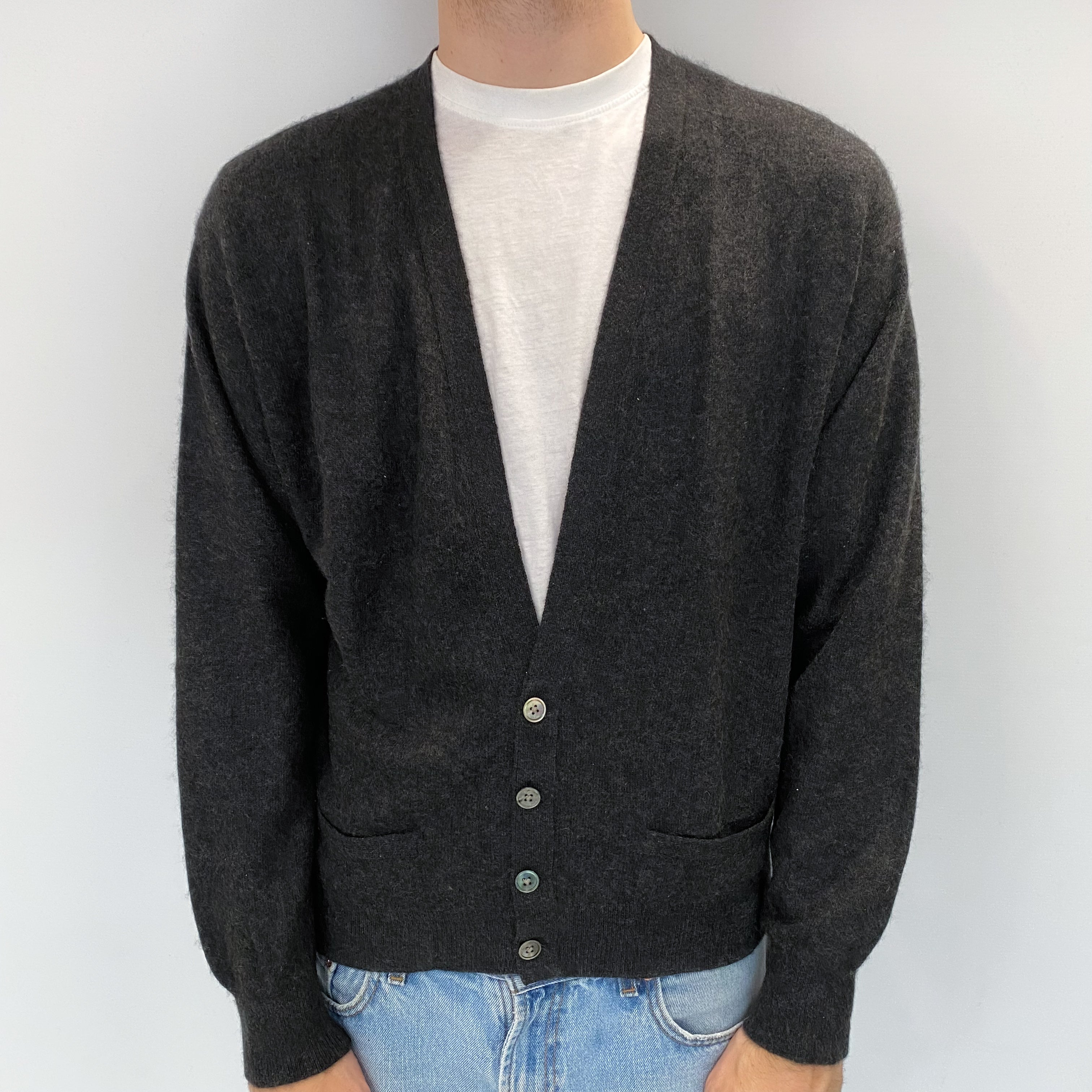 Men's Vintage Pringle Charcoal Cashmere V Neck Cardigan Large