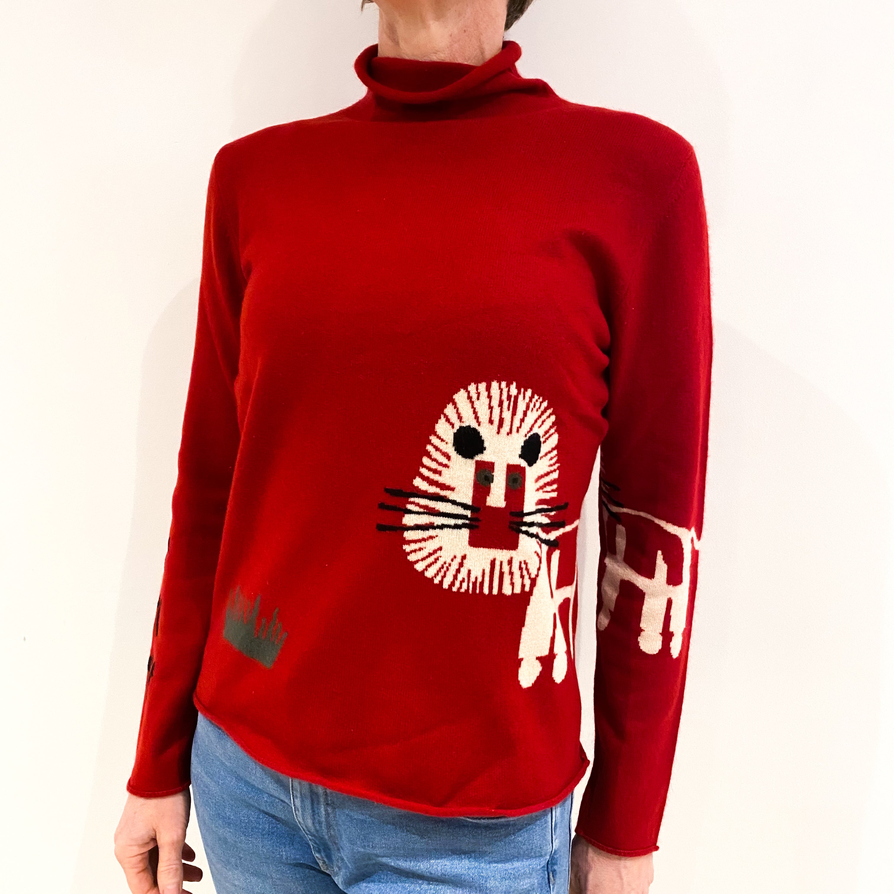 Scarlet Red Lion Design Cashmere Funnel Neck Jumper Small